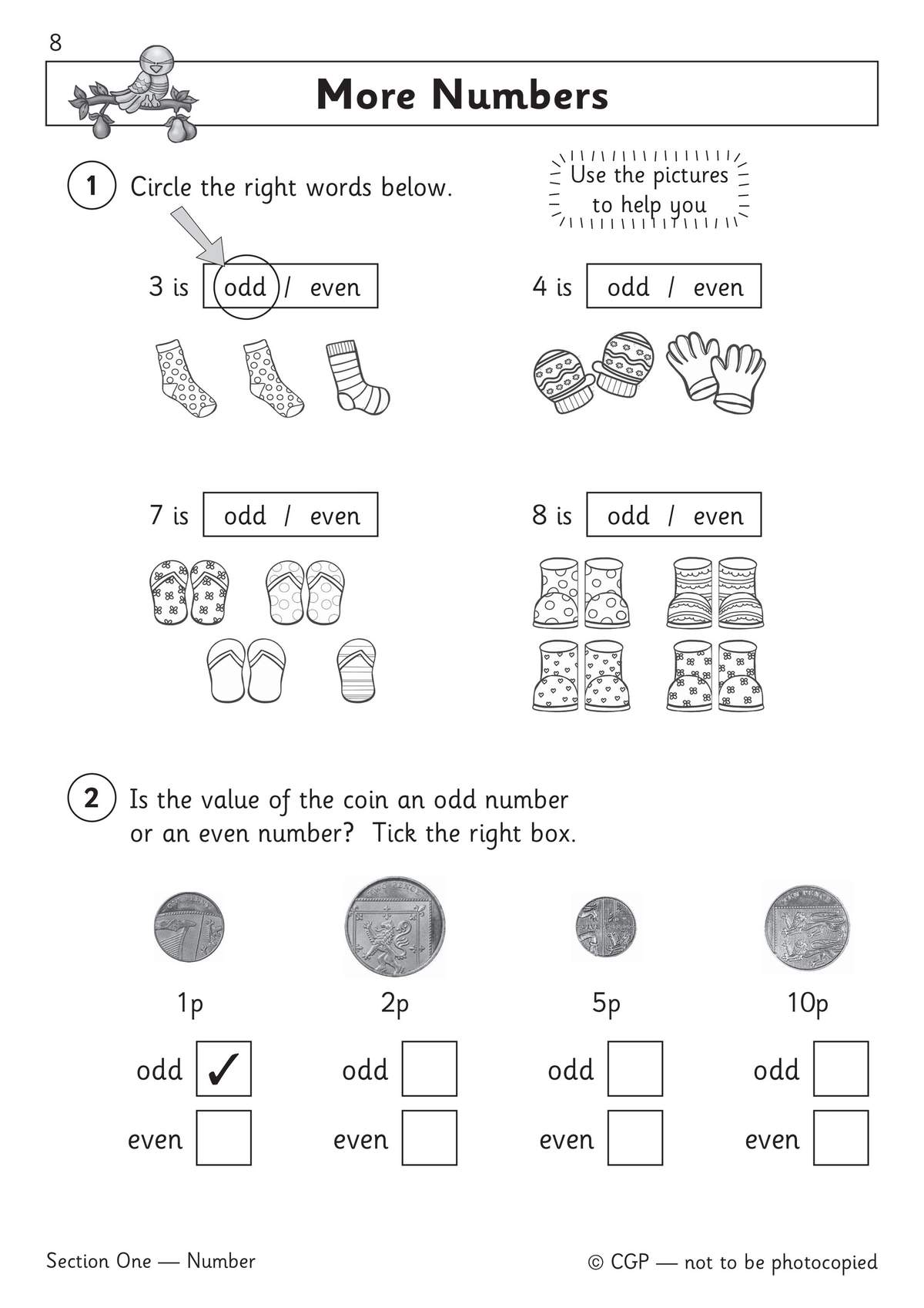 Children circle odd or even numbers using pictures, then tick boxes to classify coin values