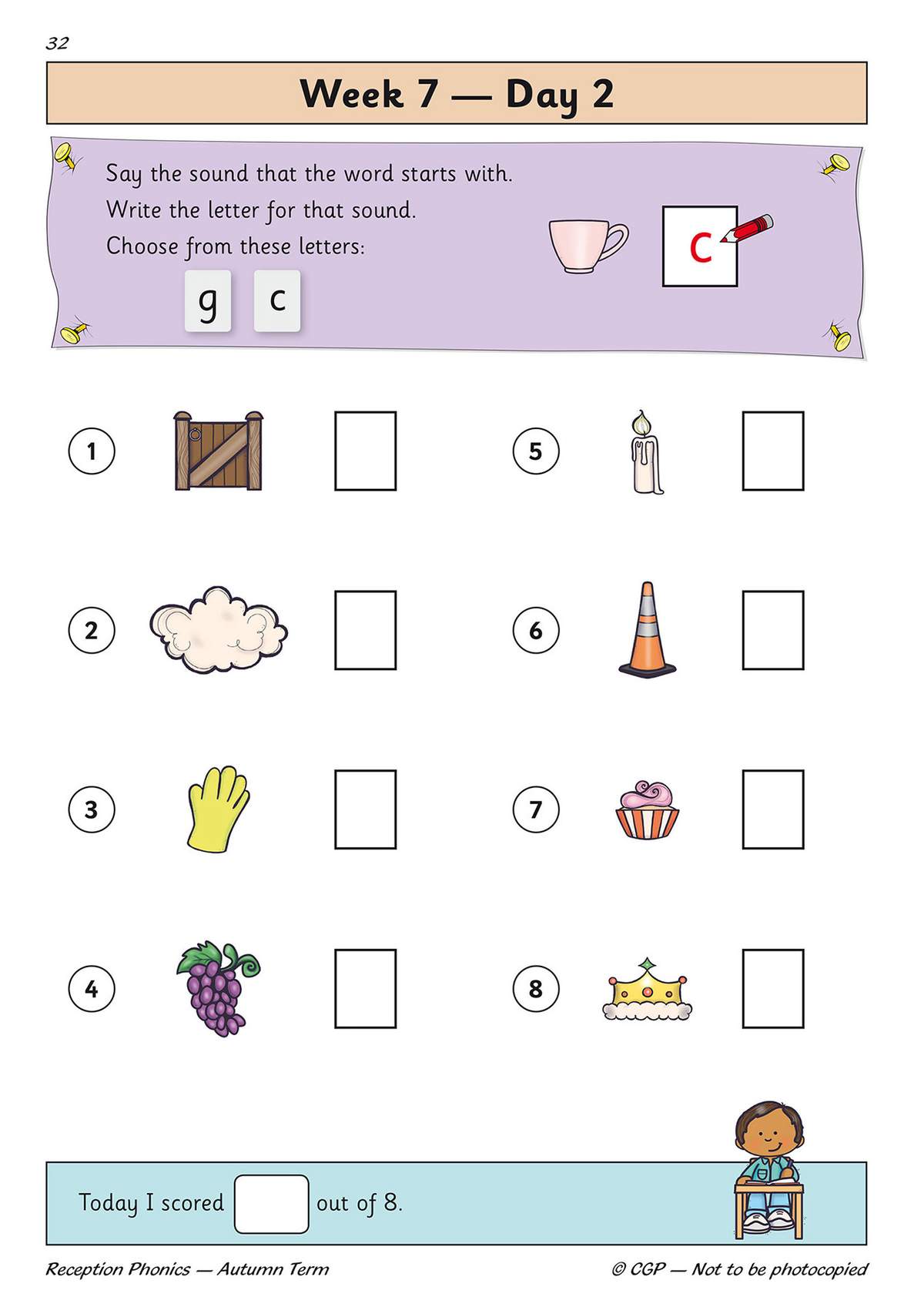 Children identify the starting sound of eight pictured objects and write the matching letter from a choice of two