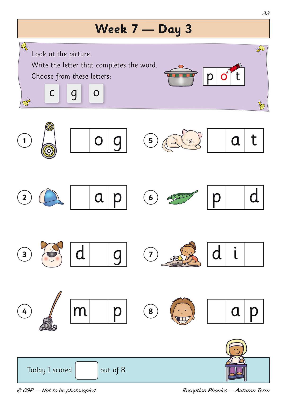 Children choose a letter to complete eight CVC words, then tick a box to record their score out of eight