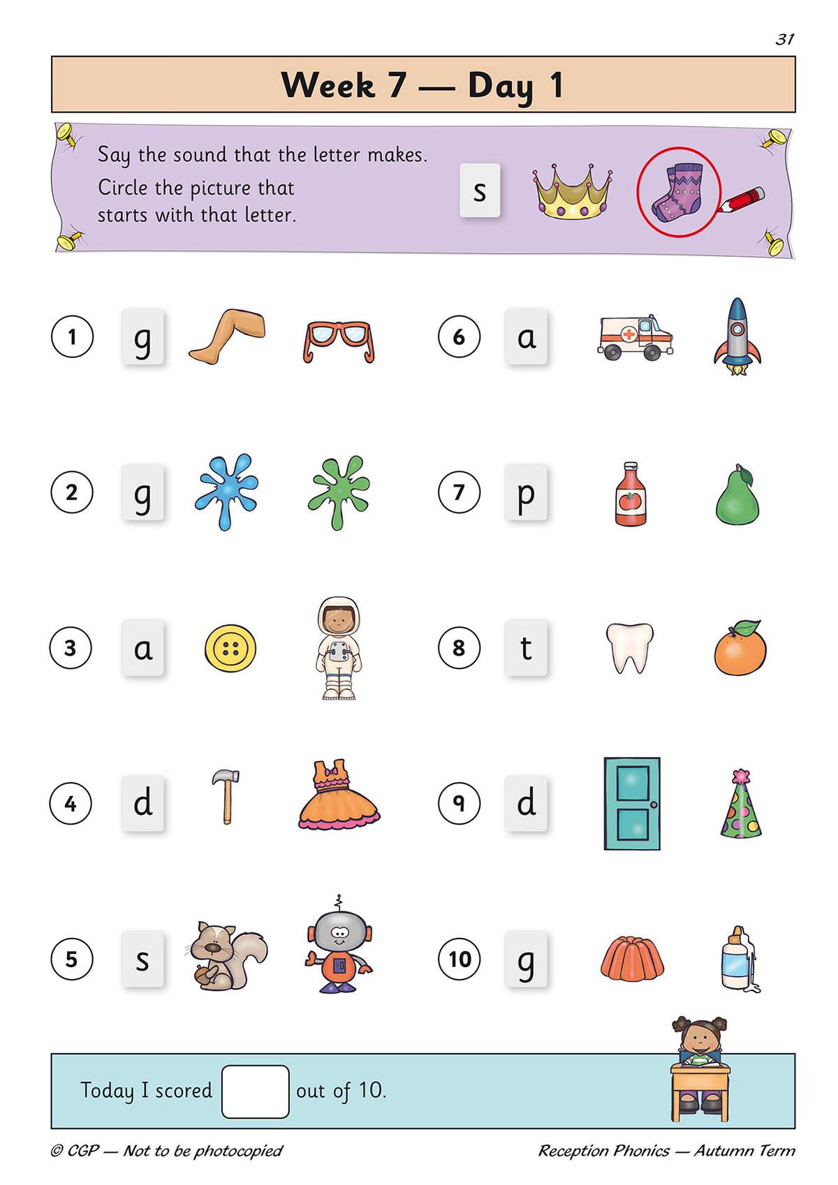Children circle the correct picture for each letter sound, then tick a box to record their score out of 10