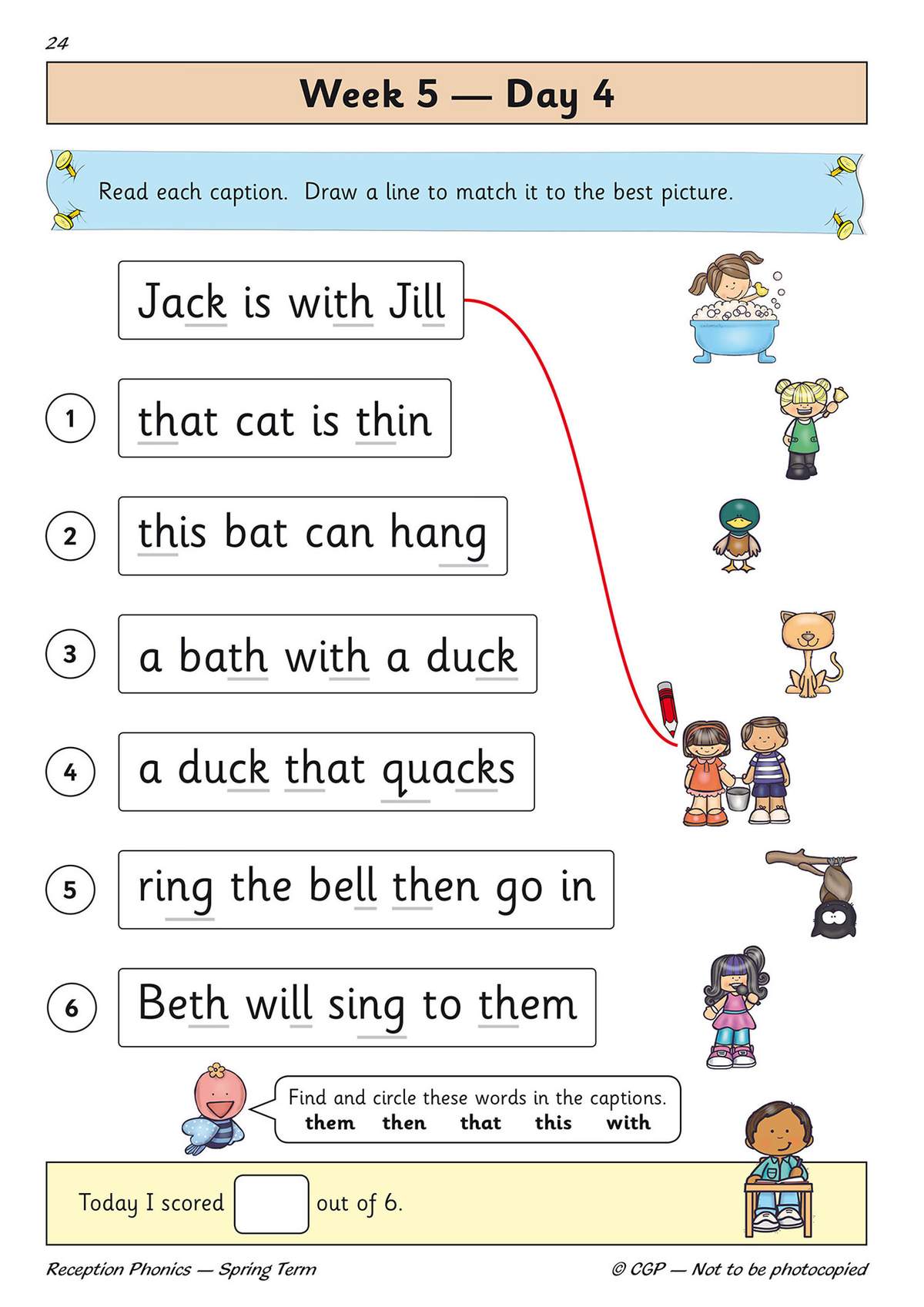 Children match six captions to pictures, circle specific words, and score their work out of six