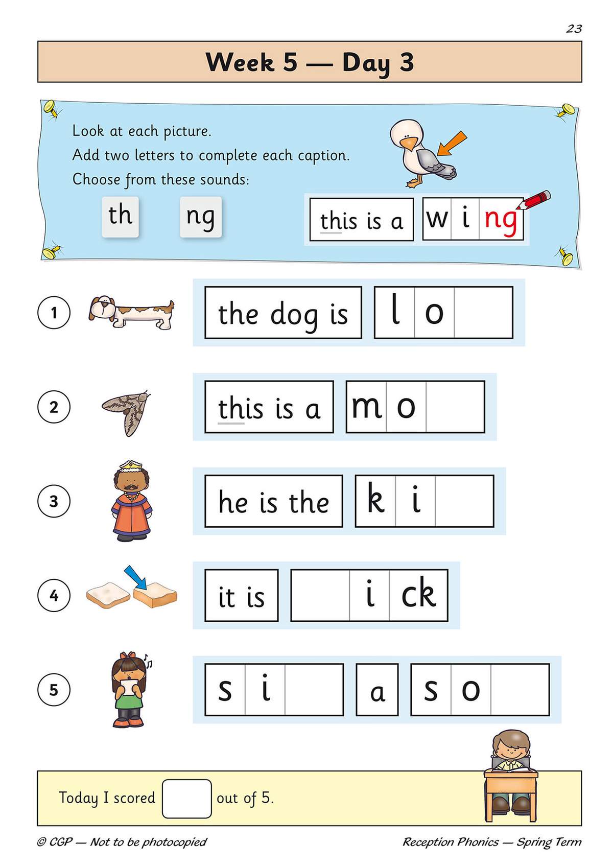Children complete five sentences by adding missing letters to spell words, using provided phonics sounds
