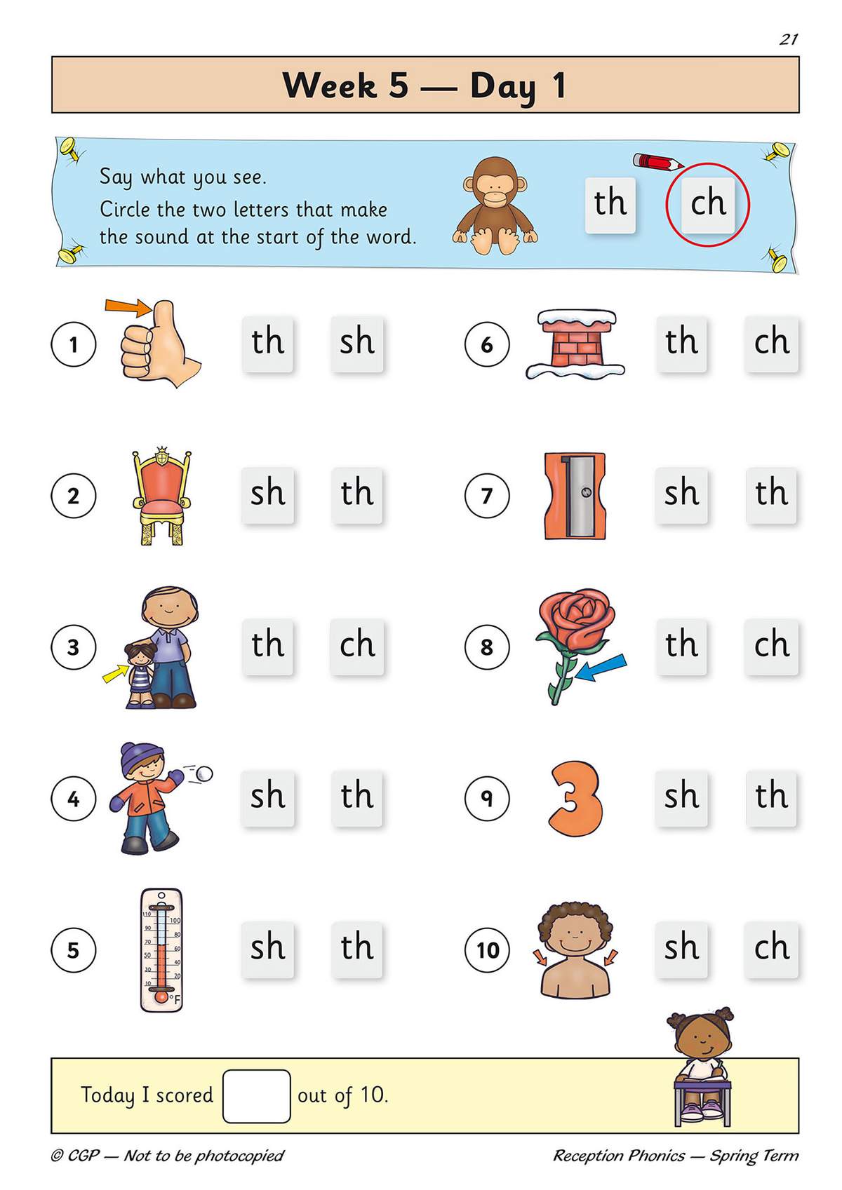 Children circle the correct letter pair to match the sound at the start of ten illustrated words, then score their work