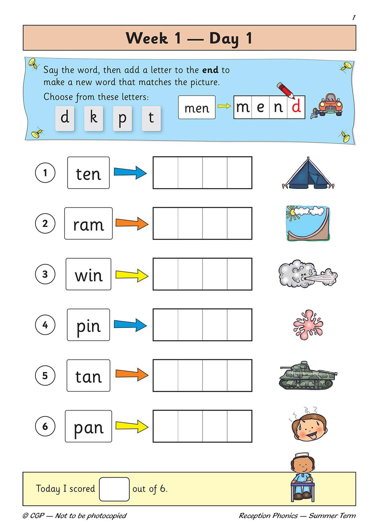 Children add a letter to base words to match pictures, then tick a box to record their score