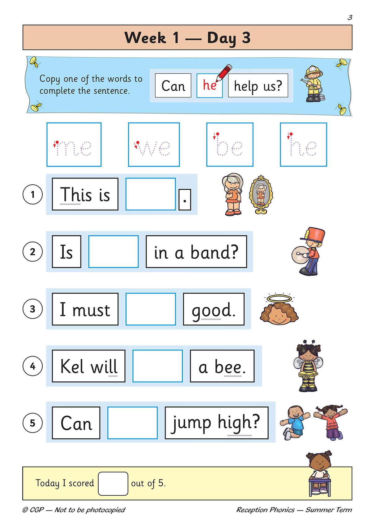 Children trace four words, then fill in the blanks in five sentences to practise pronouns, and tick a box to score their work