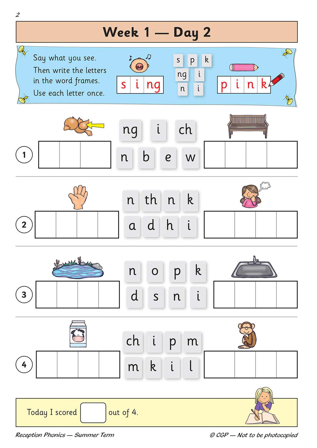 Children blend sounds to spell words like 'sing' and 'pink', then write them in boxes and tick a score box
