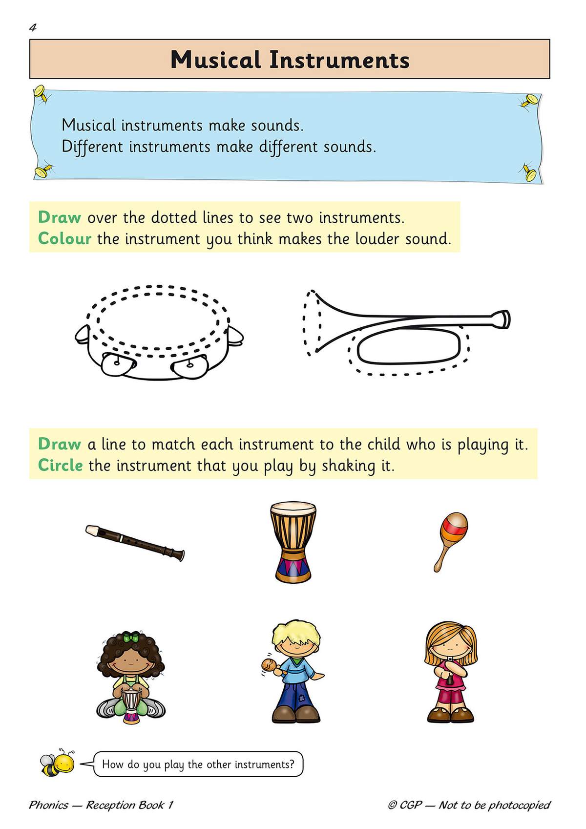 Children draw over dotted lines to reveal instruments, colour the louder one, match instruments to children