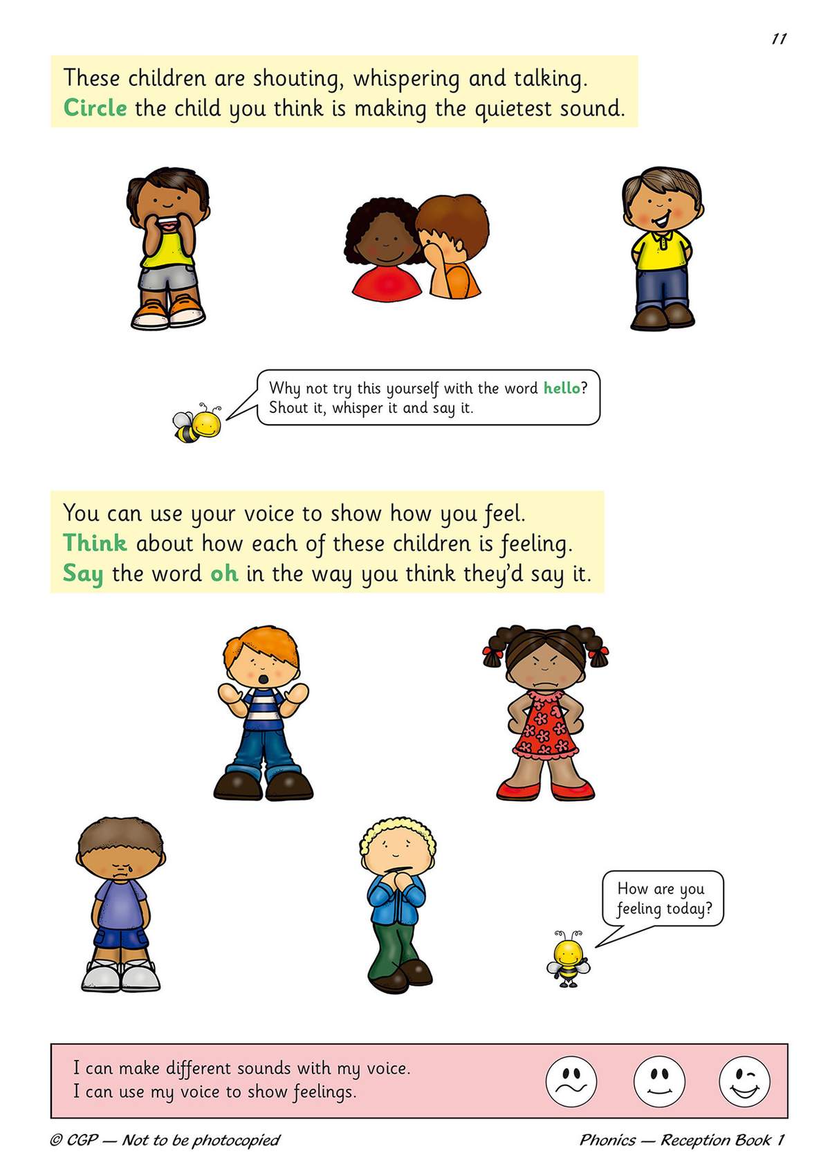 Children circle the quietest child and say 'oh' in different tones to match feelings shown by cartoon characters