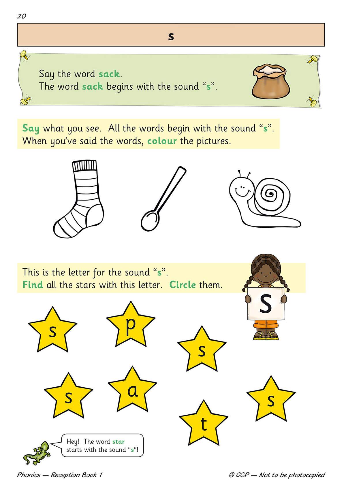 Children say words starting with s, colour pictures, and circle stars with the letter s to practise the sound
