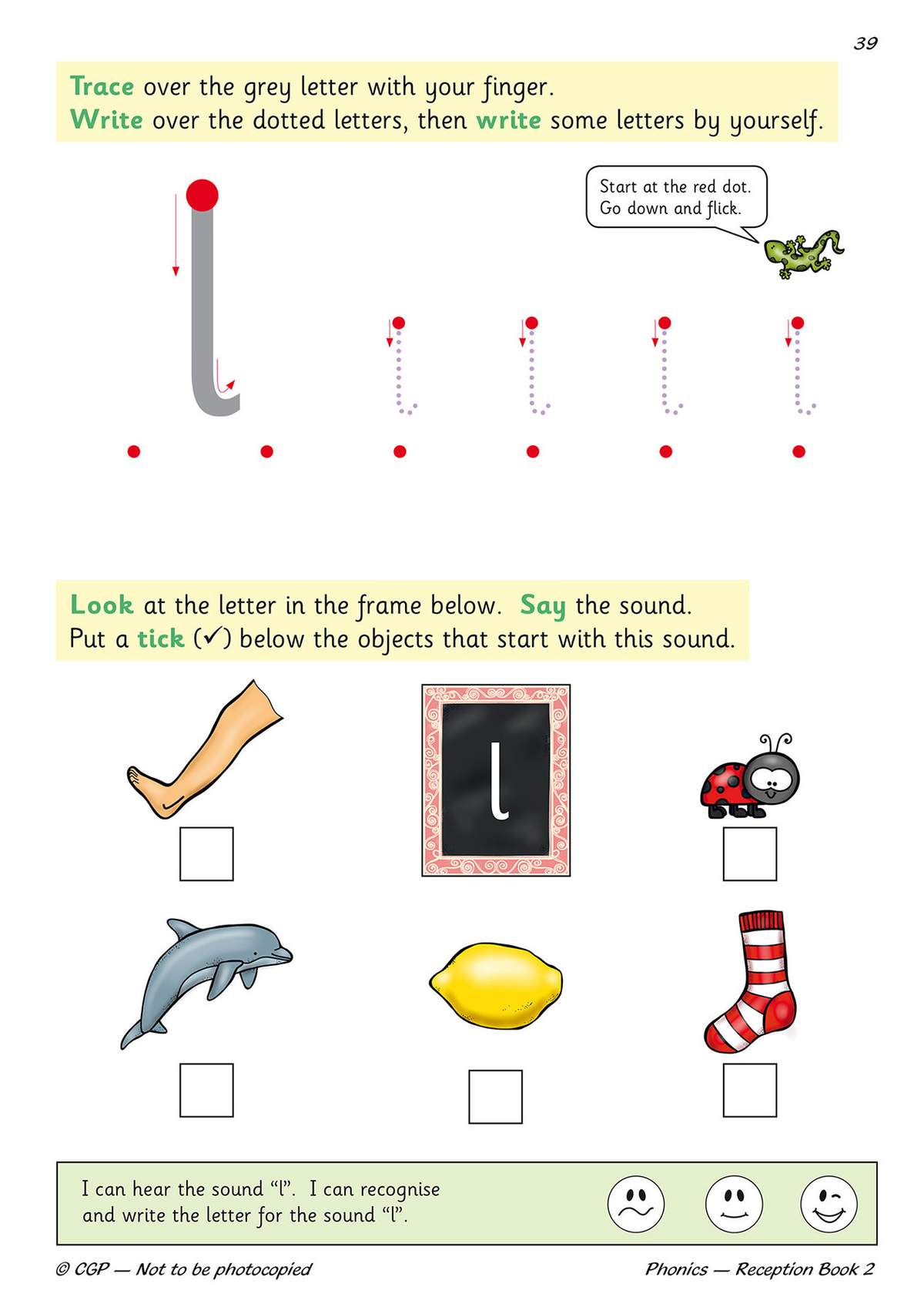 Children trace and write the letter l, then tick objects that start with the l sound