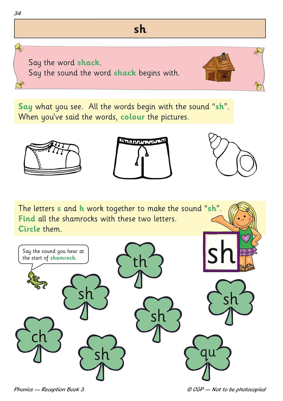 Children say words, colour pictures, and circle shamrocks containing the sh sound to master the phoneme