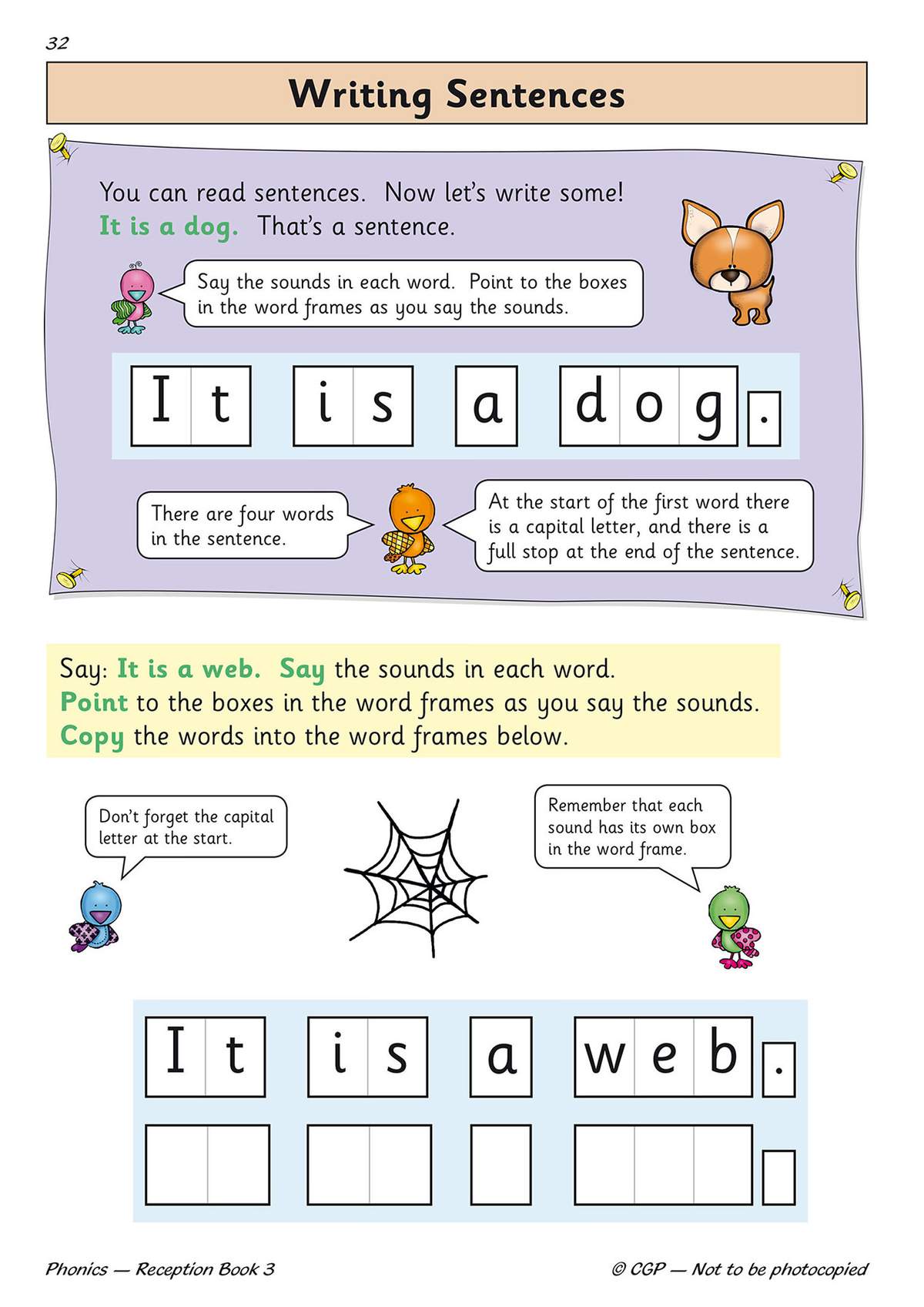 Children copy sentences into word frames, practising phonics and handwriting with cartoon characters guiding them