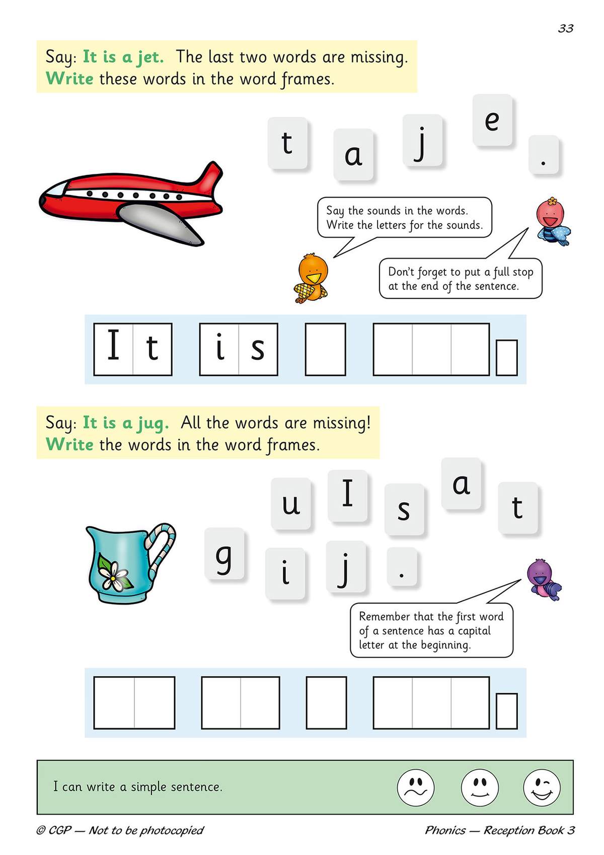 Children write missing words in frames to complete sentences about a jet and a jug