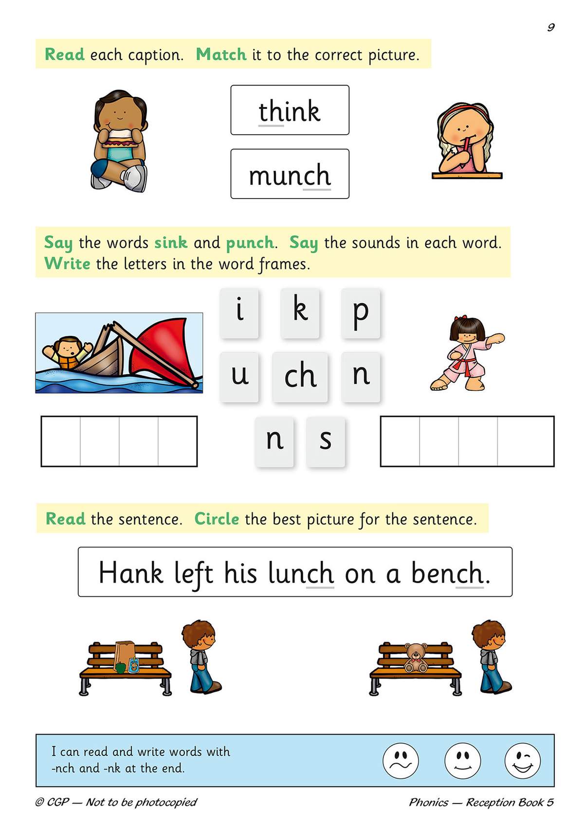 Children match captions to pictures, spell words in frames, circle the best image for a sentence