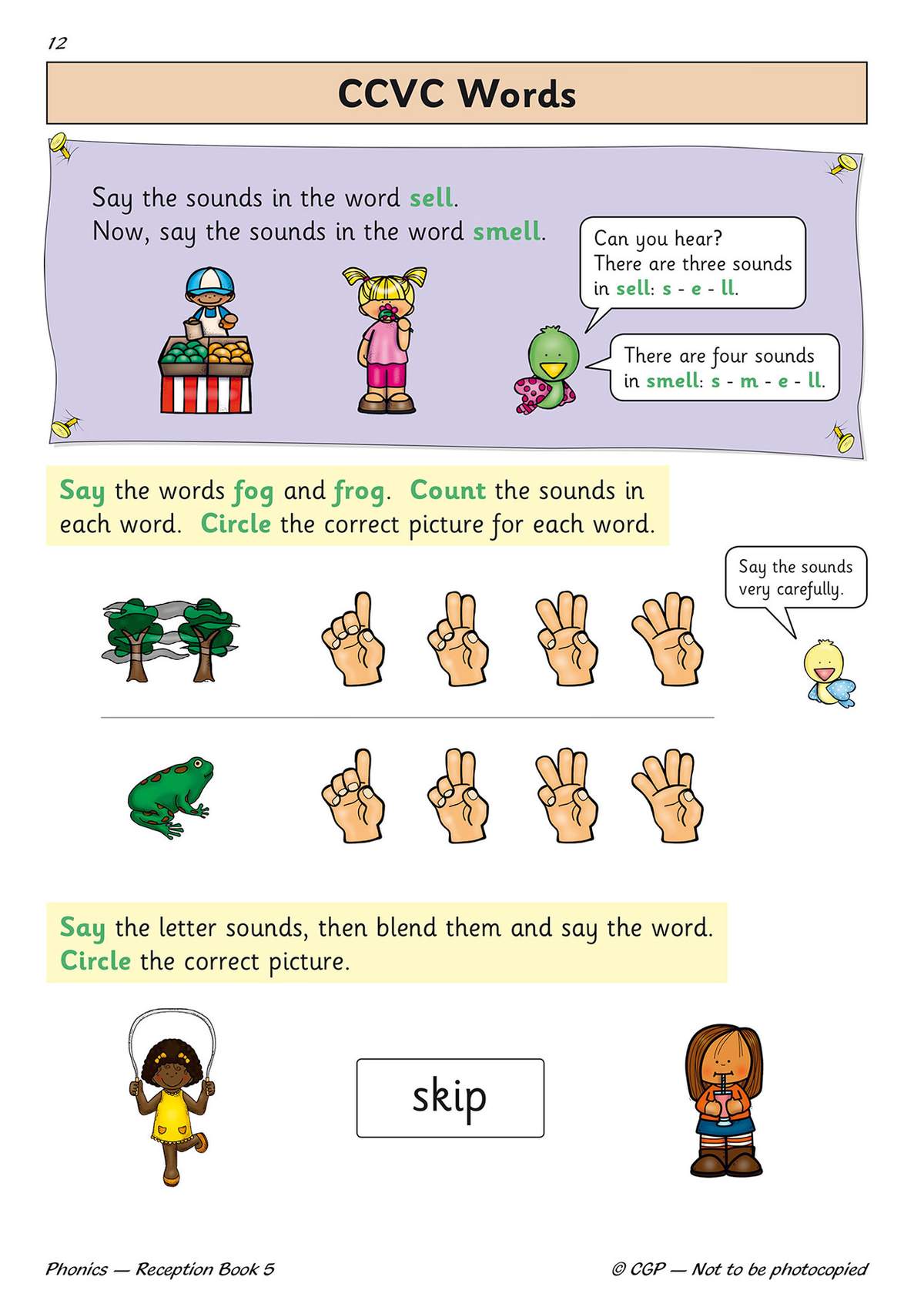 Children say sounds in words like 'sell' and 'smell', then circle correct pictures for 'fog' and 'frog' before blending