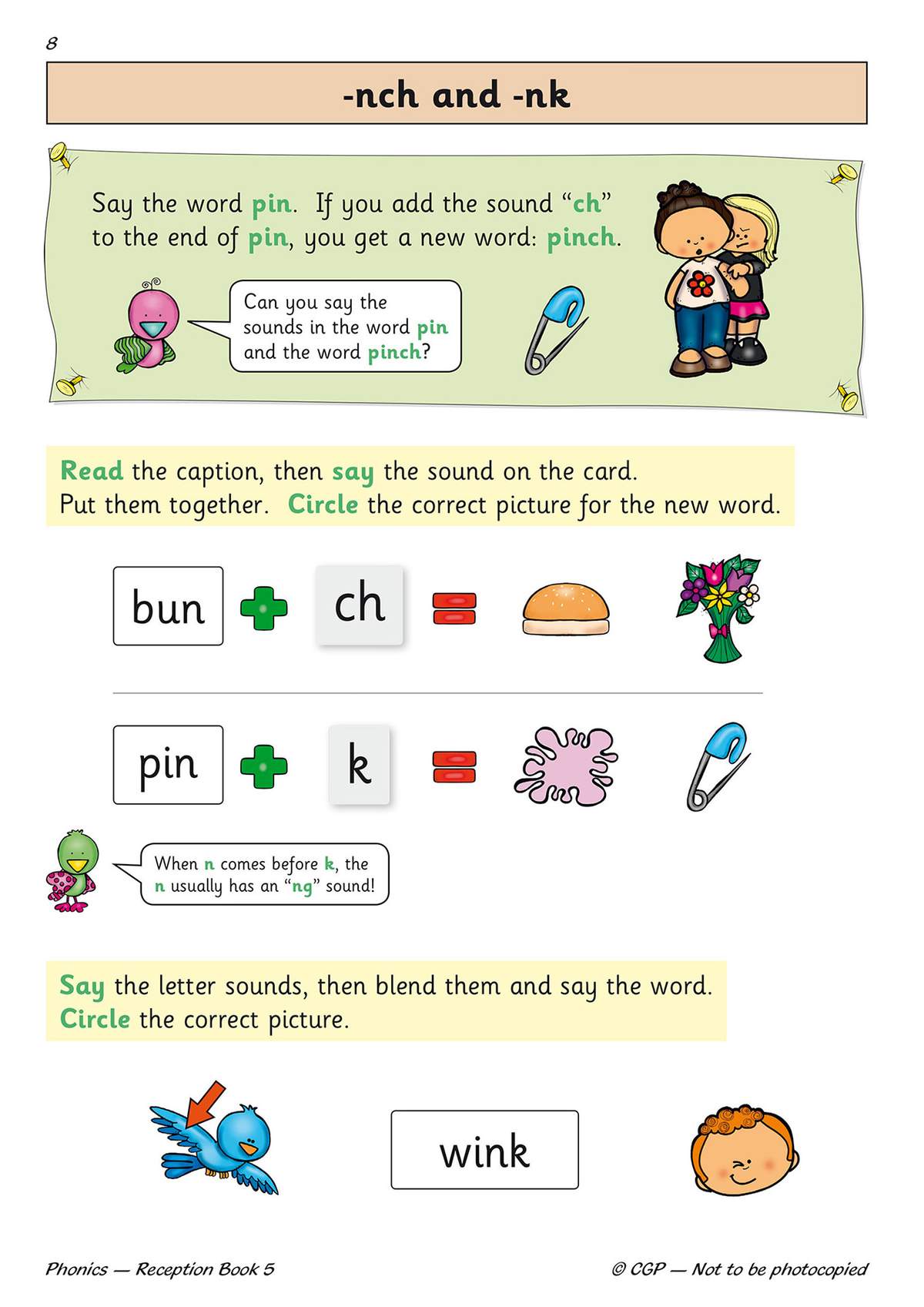 Children blend sounds to make words like pinch and wink, then circle the correct picture to match each new word