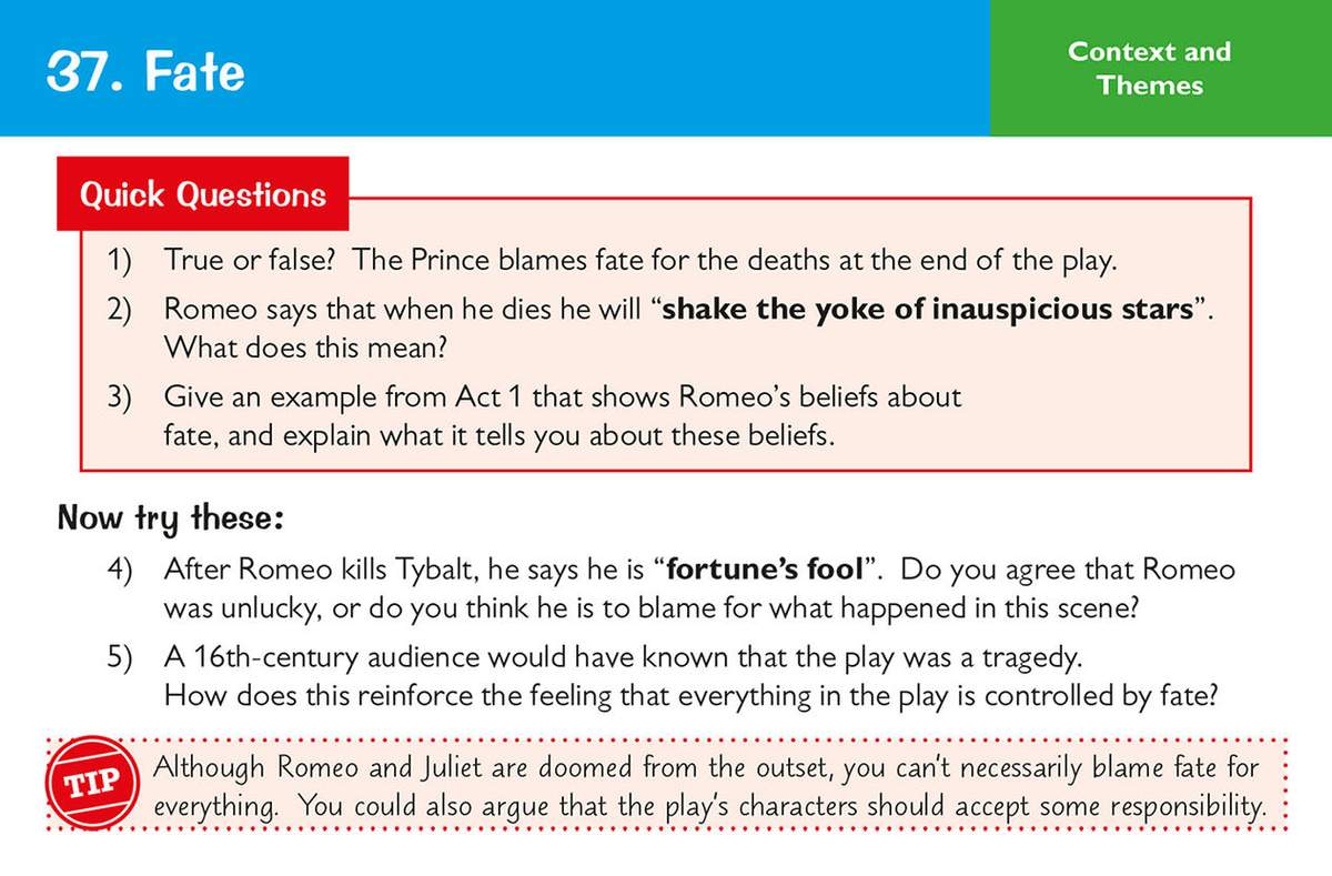 Students answer five questions about fate in Romeo and Juliet, including true/false and short written responses