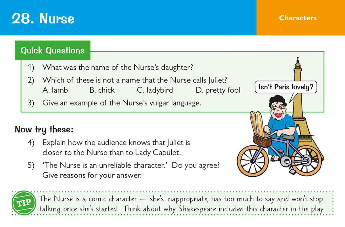 Five questions about the Nurse's character, including multiple choice and short answers