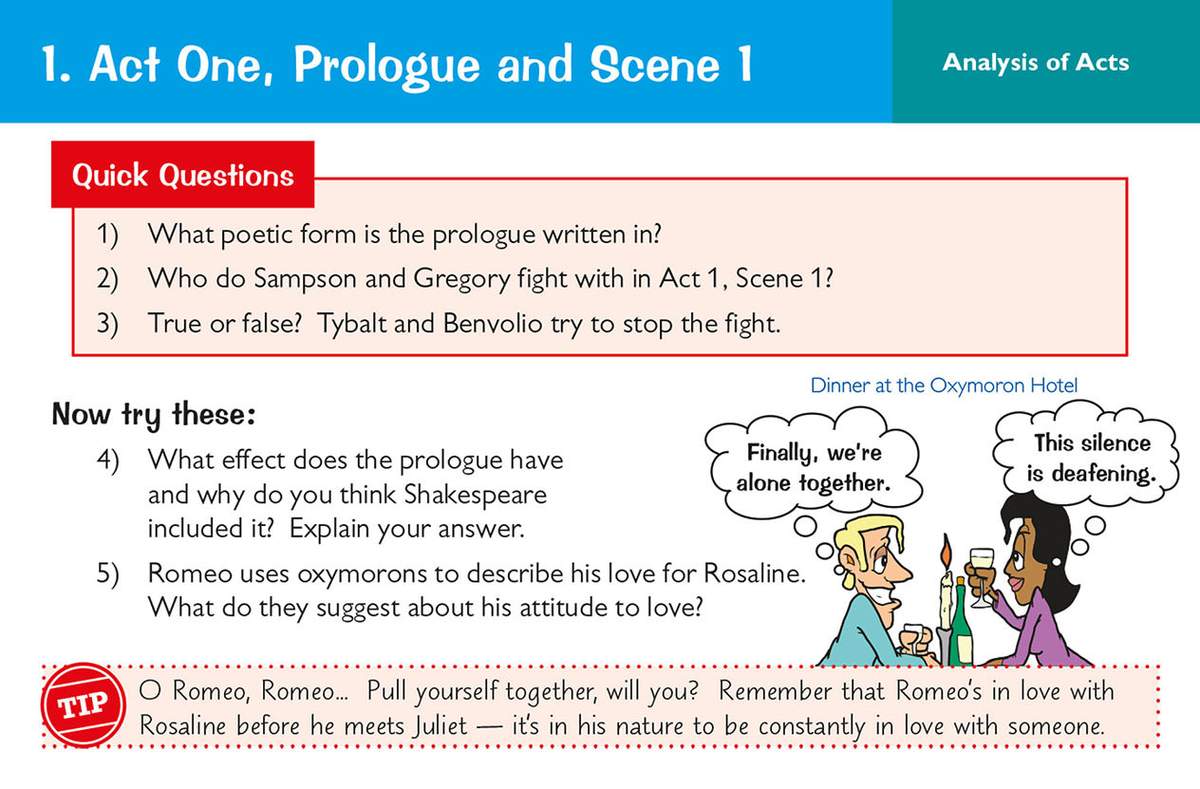Students answer five questions about Act One, including a true or false check and an explanation of the prologue's effect