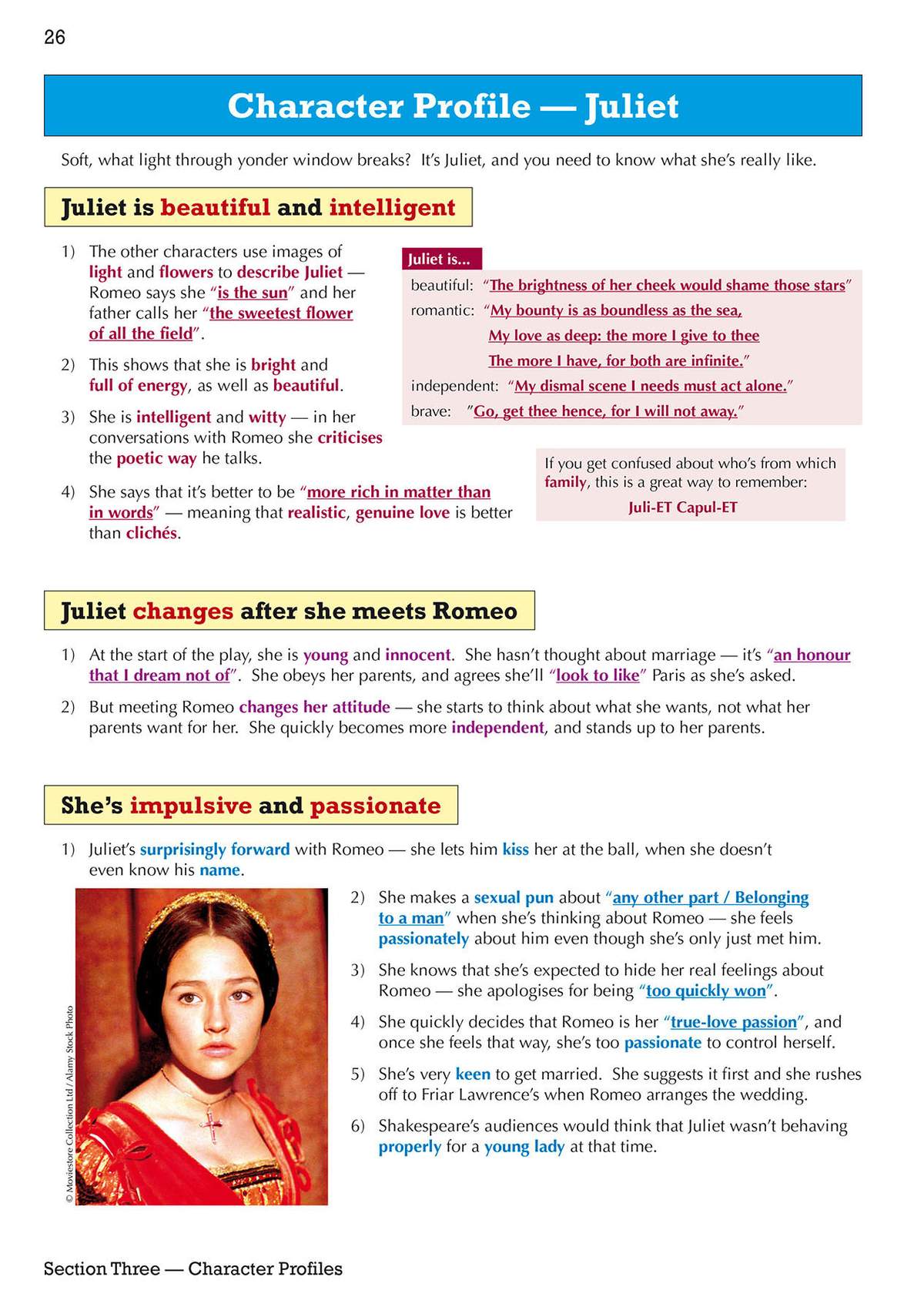 A detailed breakdown of Juliet's character traits, supported by quotes and a portrait