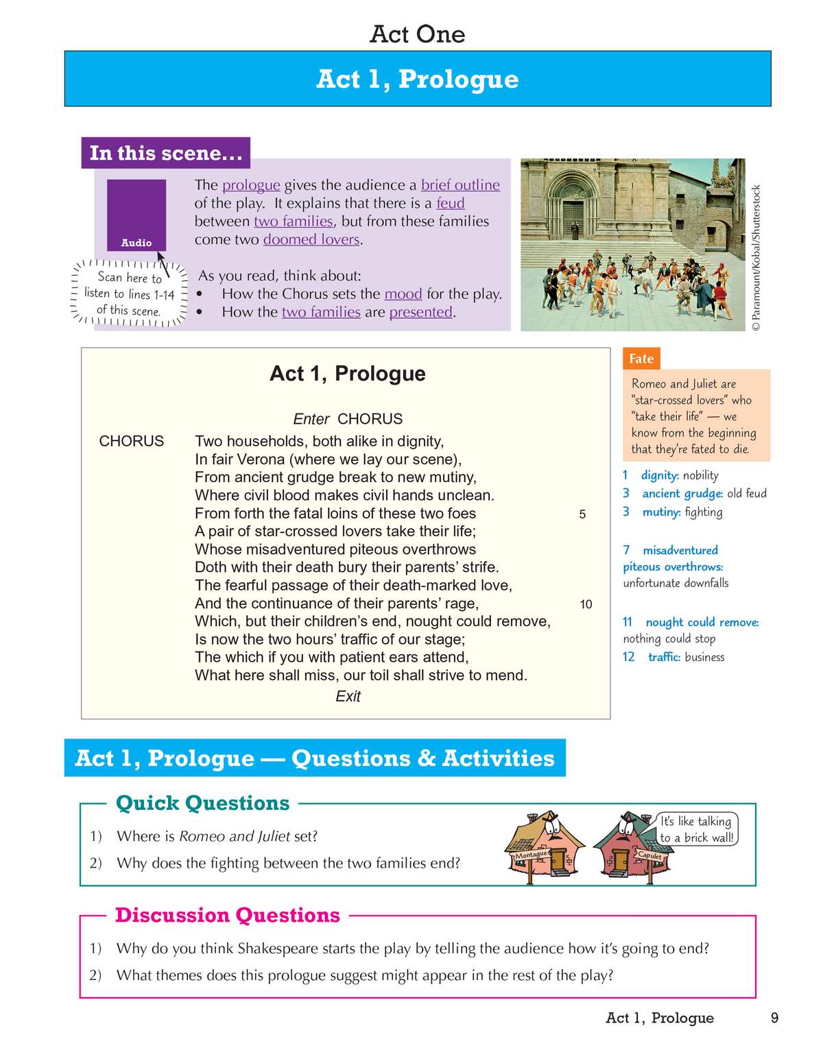 Students answer quick and discussion questions about the prologue, supported by a glossary and a cartoon illustration