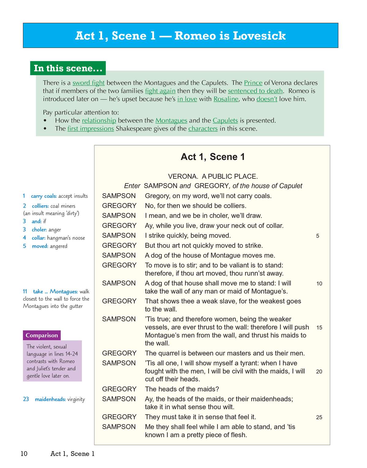 A summary of Act 1, Scene 1 with key vocabulary and a comparison of the language used