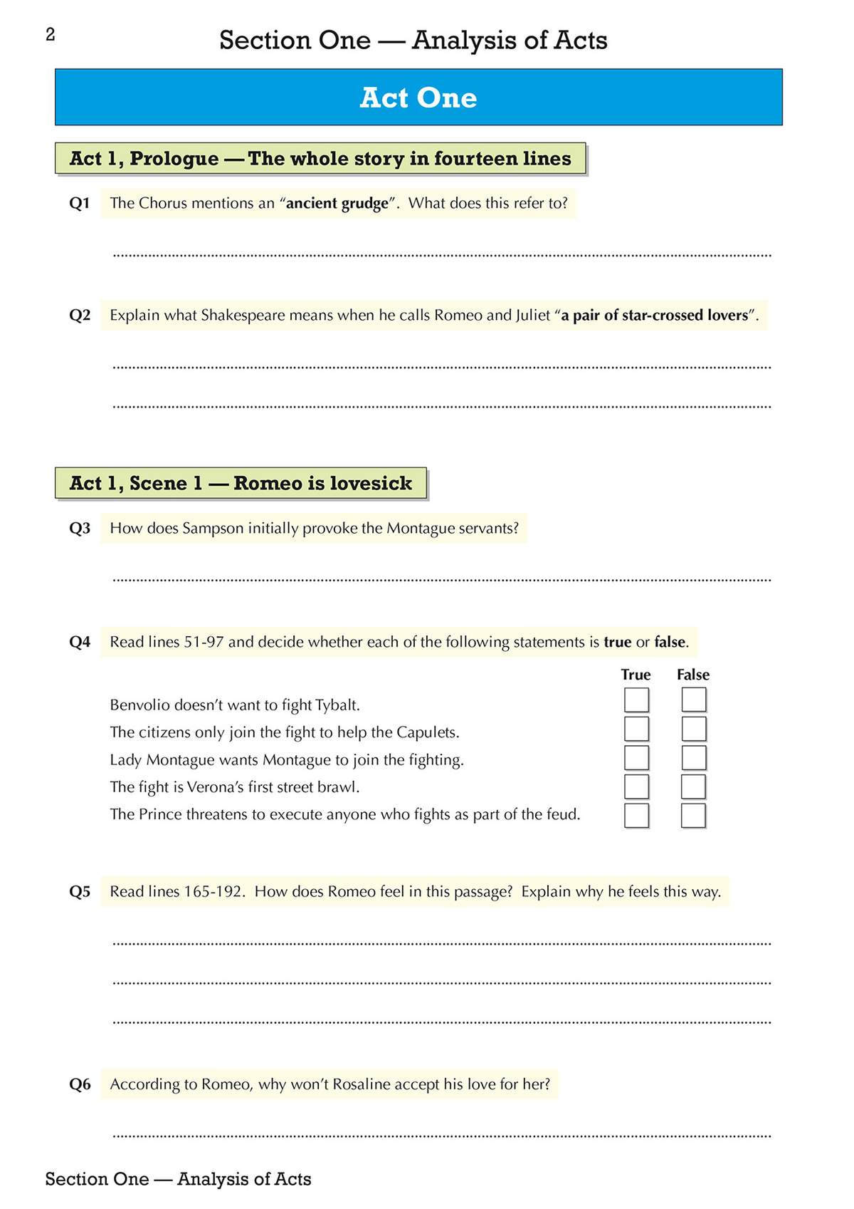 Six questions on Act 1 of Romeo and Juliet, including short answers and true or false statements