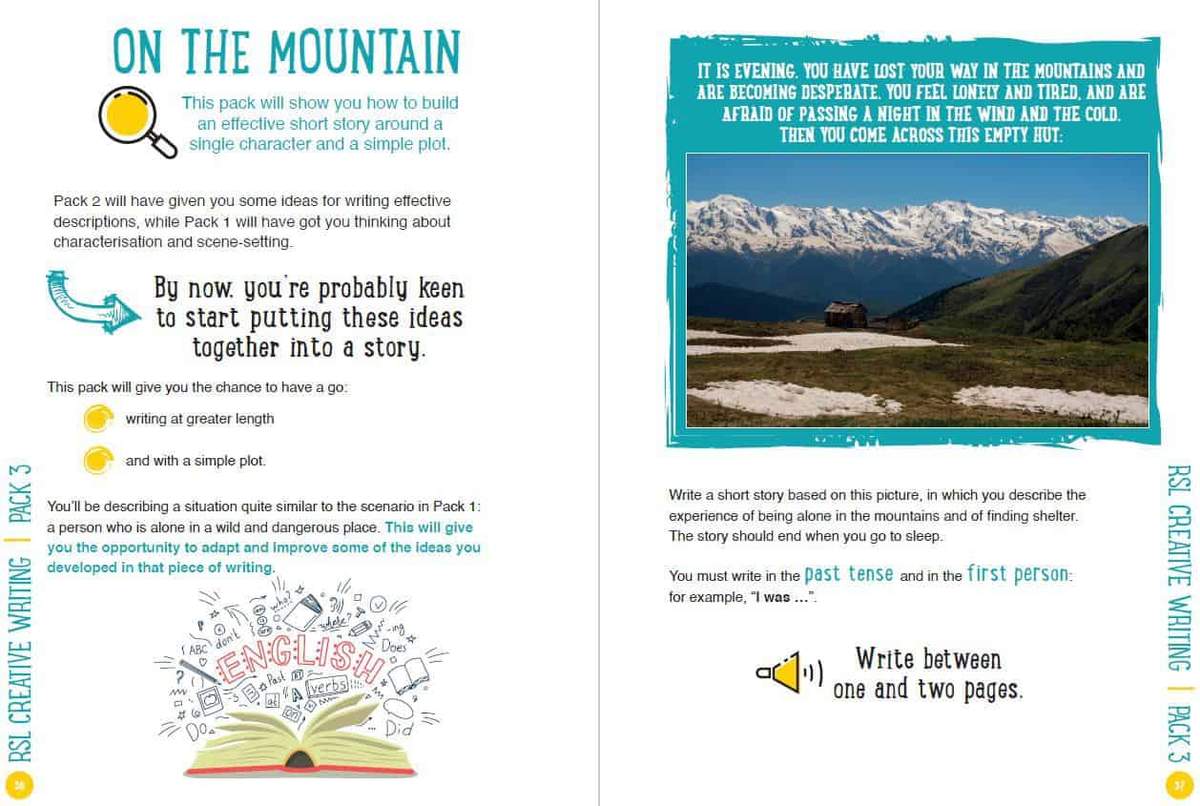 A creative writing task where pupils write a short story based on a mountain scene, using past tense and first person