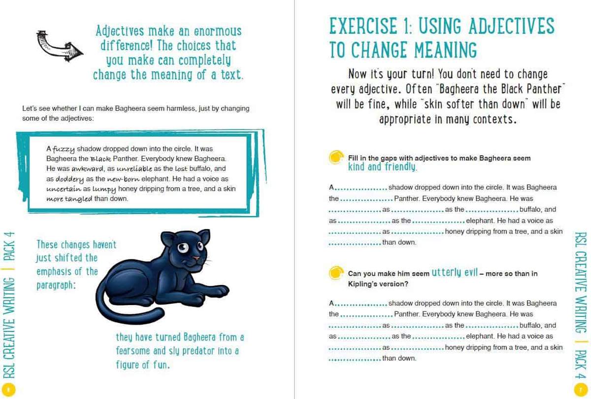 A short story about Bagheera the Black Panther is provided, followed by two exercises where pupils fill in adjectives