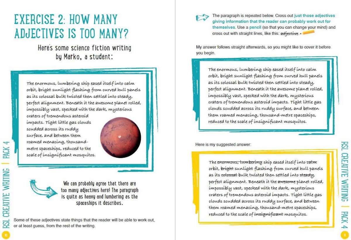 A science fiction paragraph is shown with a suggested answer highlighting which adjectives can be removed