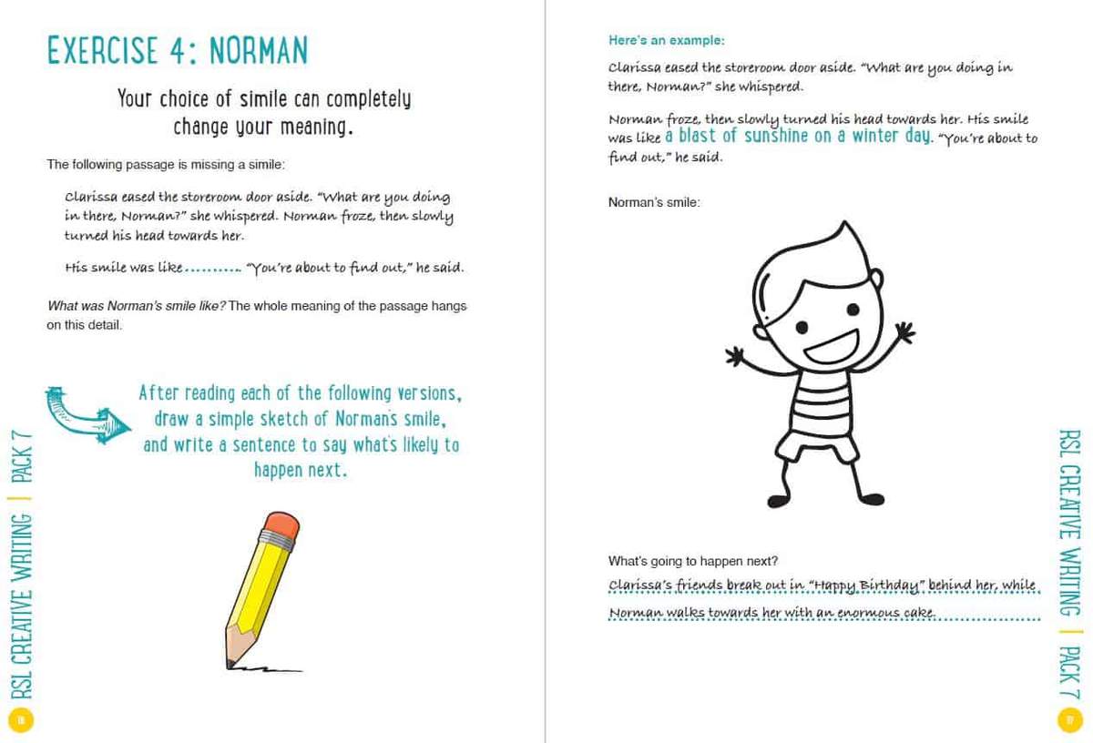 Pupils read a passage with a missing simile, draw Norman's smile, and write what happens next