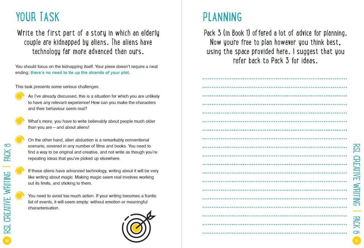 Pupils write the start of a story about an elderly couple kidnapped by aliens, using dotted lines to plan their ideas