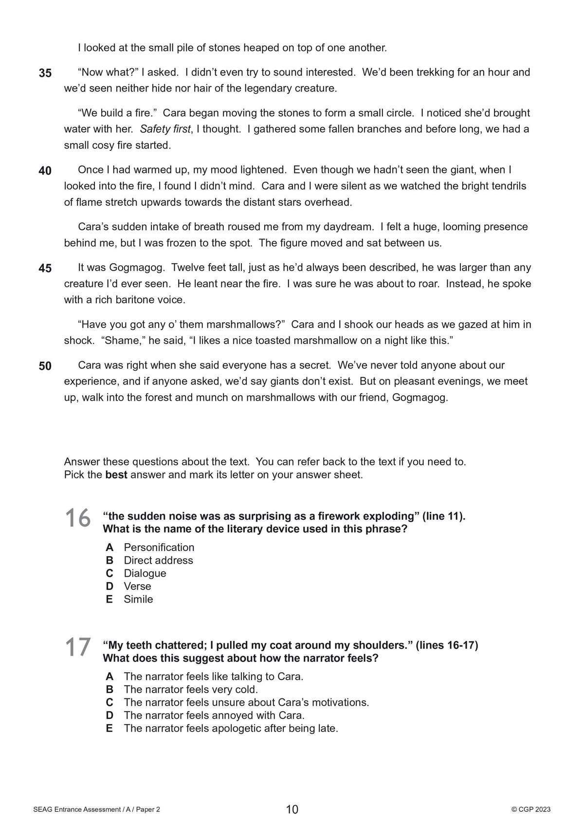 A reading passage about a narrator and a giant, followed by two multiple-choice questions on literary devices and character
