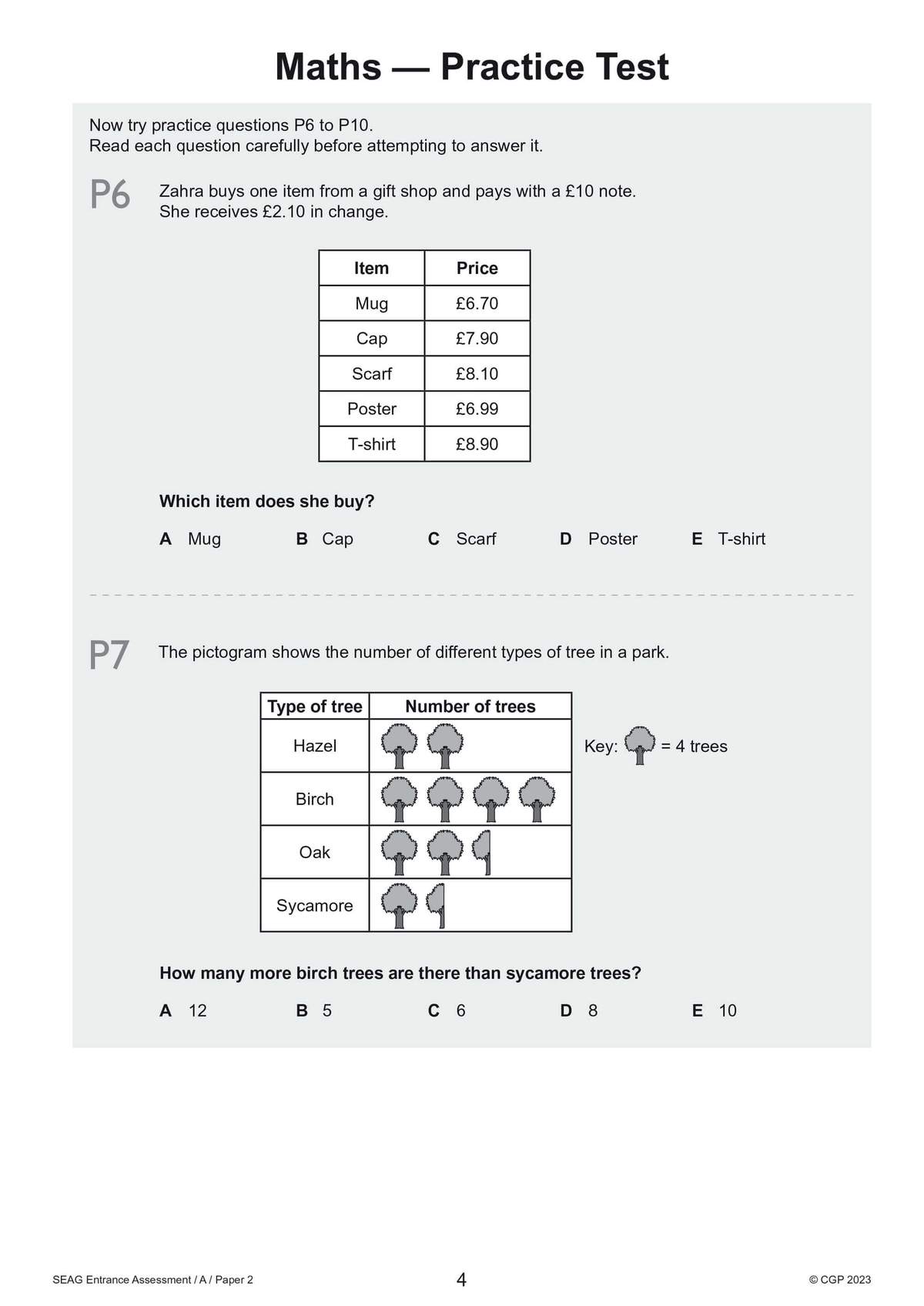 Two maths questions on change and pictograms, with multiple-choice answers
