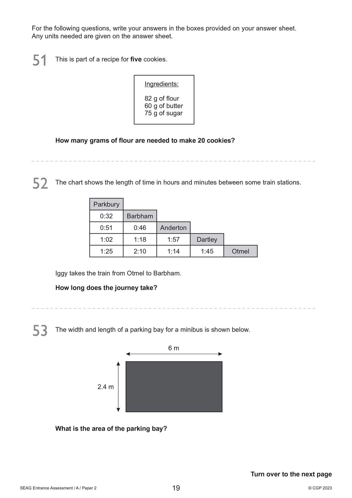 Three maths questions on ratios, reading a timetable, and calculating the area of a rectangle