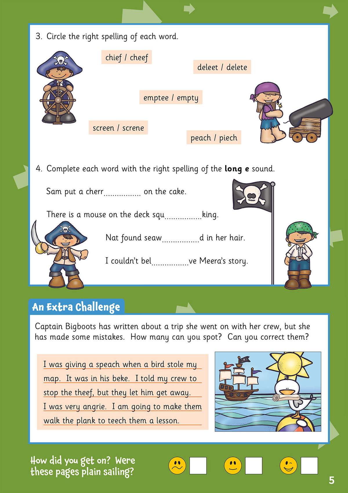 Children circle correct spellings, complete words with the long e sound, and spot mistakes in a pirate captain's story
