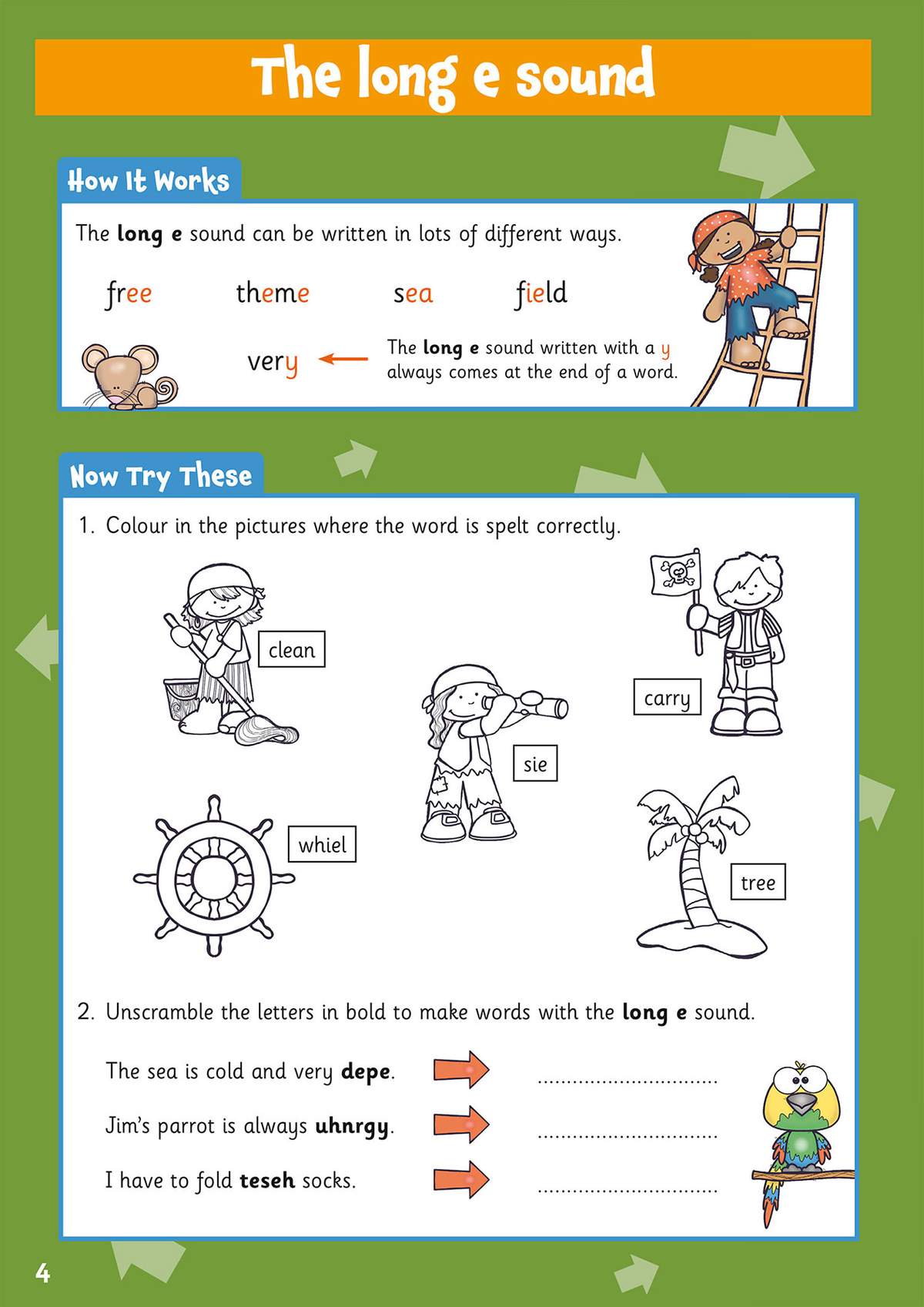 Children colour correct spellings and unscramble words to practise the long e sound