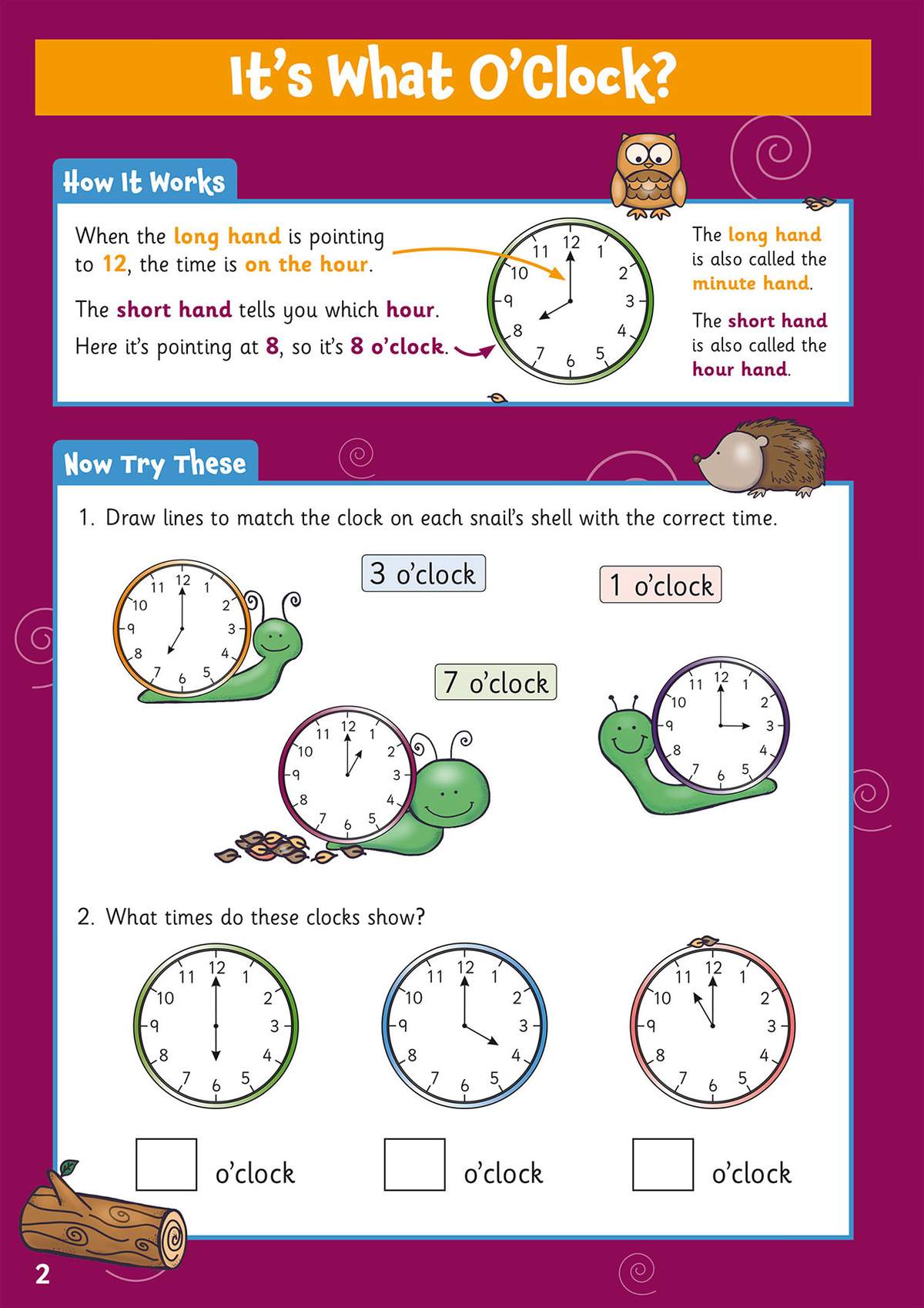 Children match snail clocks to times, then write the hour shown on three separate clocks