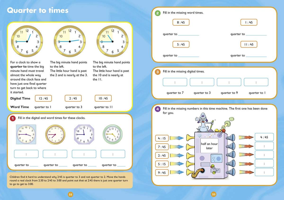 Children read clock faces to write digital and word times, then solve a time machine puzzle to add half an hour
