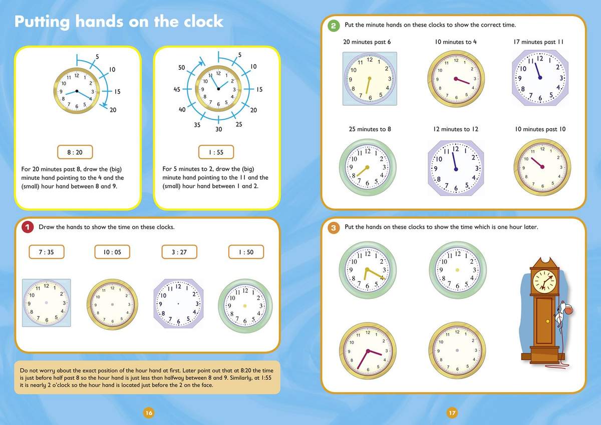 Children draw hands on clocks to show specific times and calculate times one hour later