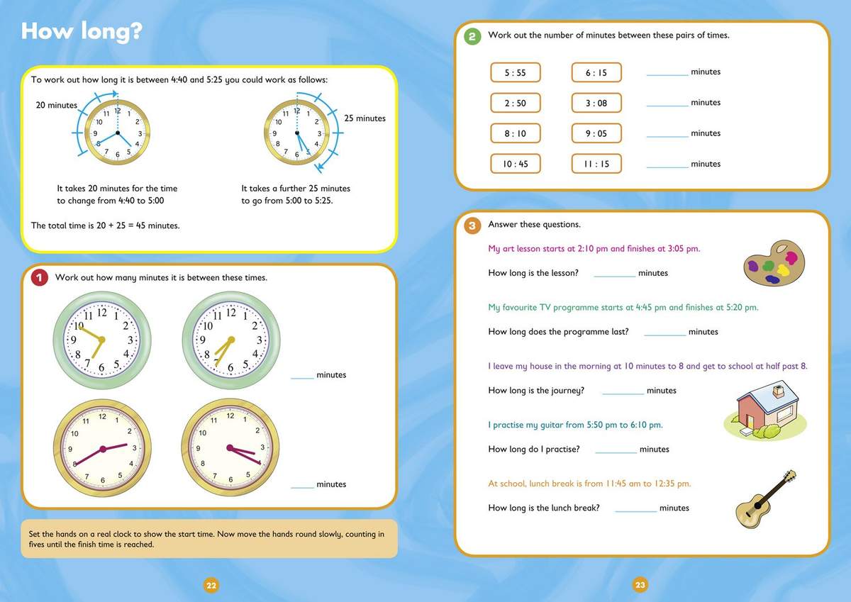 Children work out time intervals using clock diagrams and word problems, filling in the missing minutes for each scenario