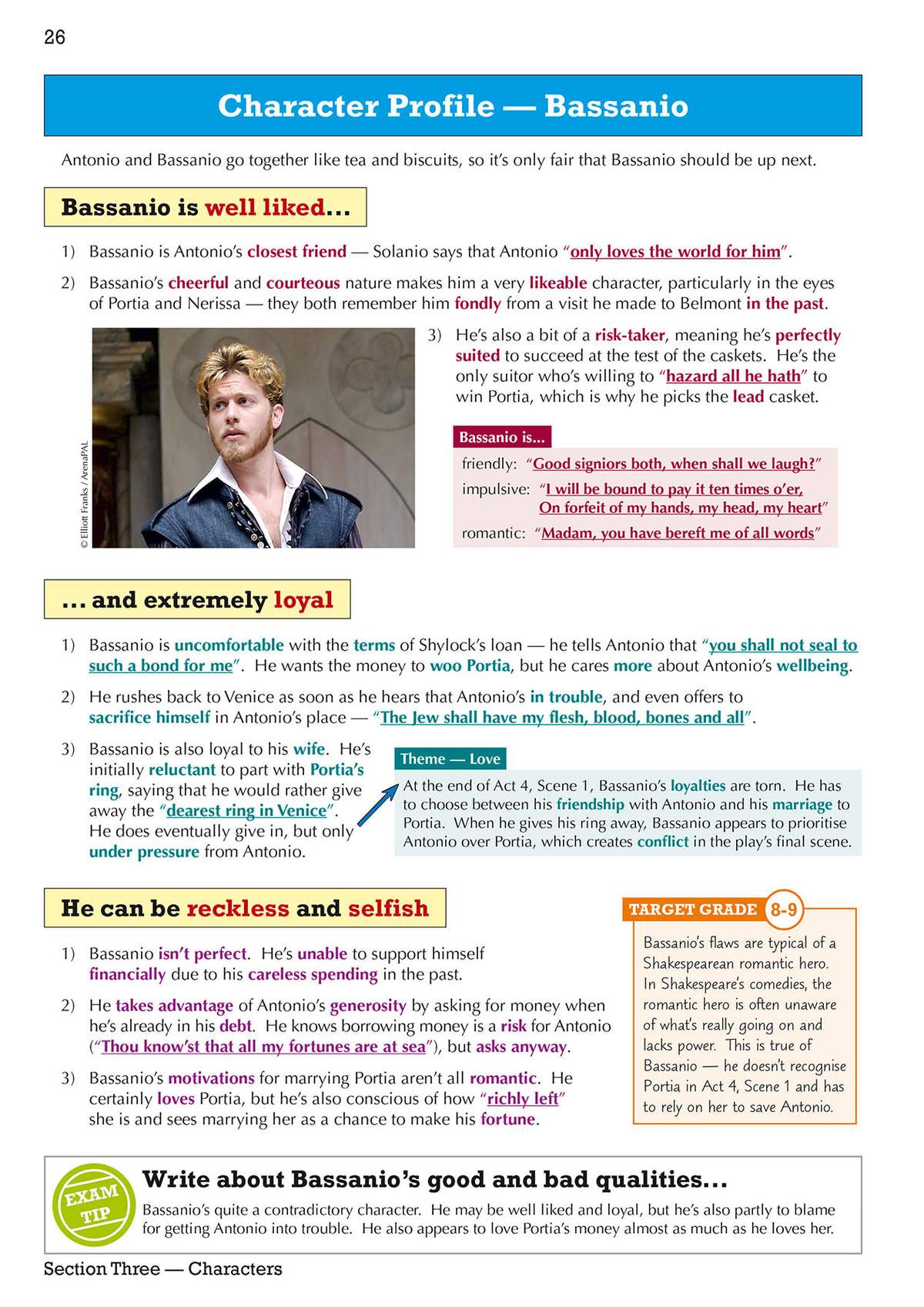 A detailed character profile of Bassanio, listing his qualities, motivations, and key quotes from the play