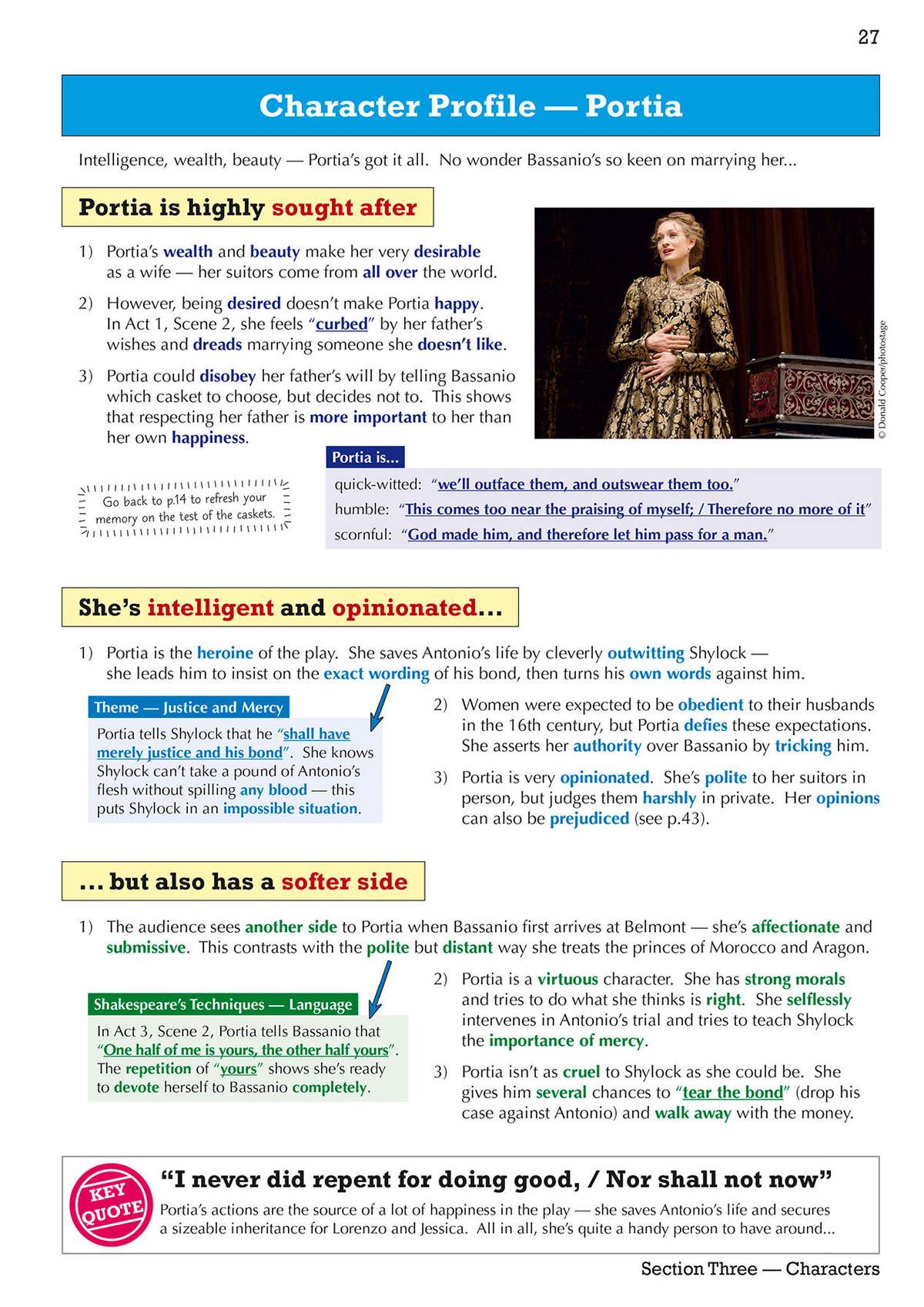 A detailed character profile of Portia, using a photo and text to explain her traits, themes, and Shakespeare's techniques