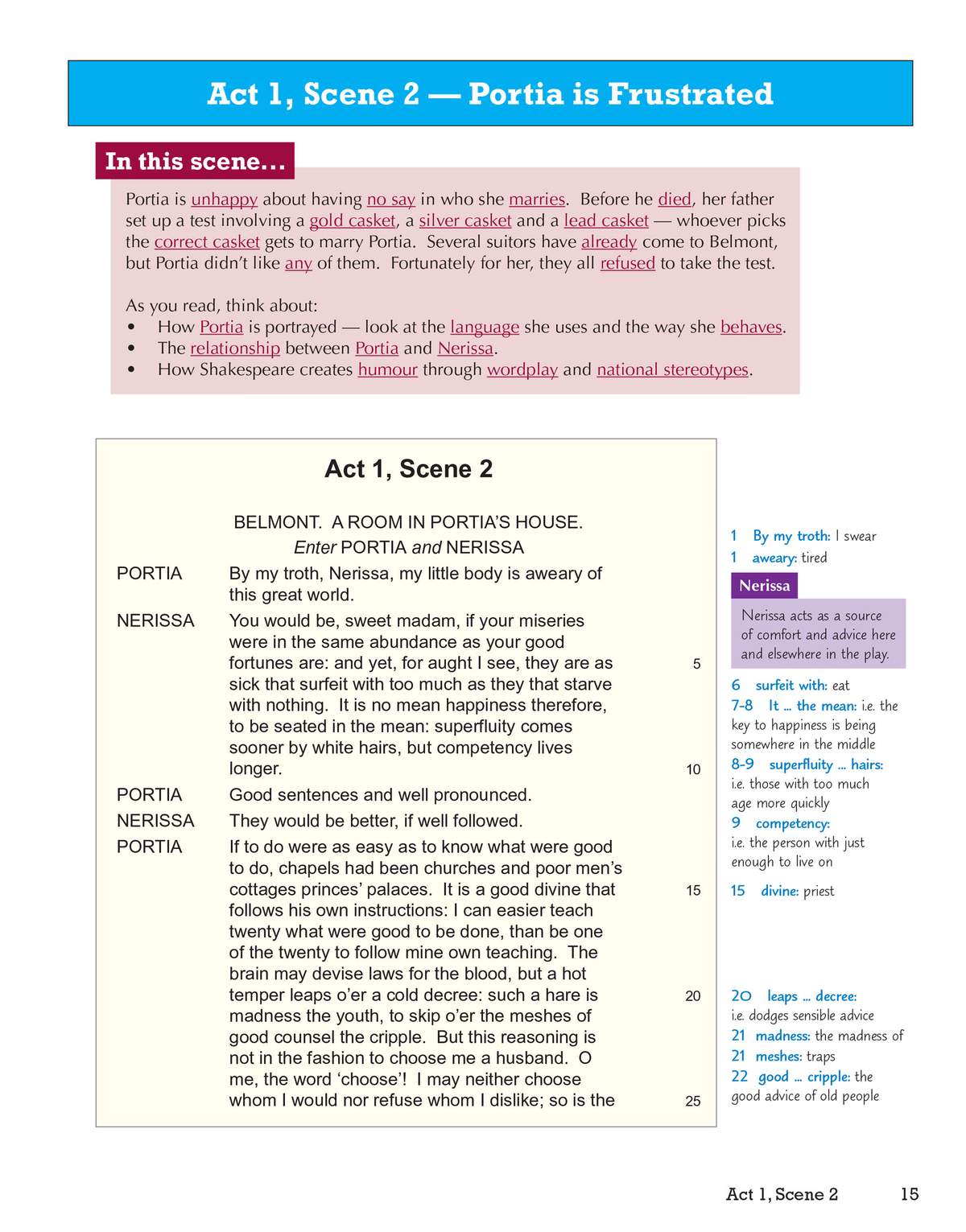 A scene from The Merchant of Venice with a summary of Portia's frustration and prompts to analyze her language