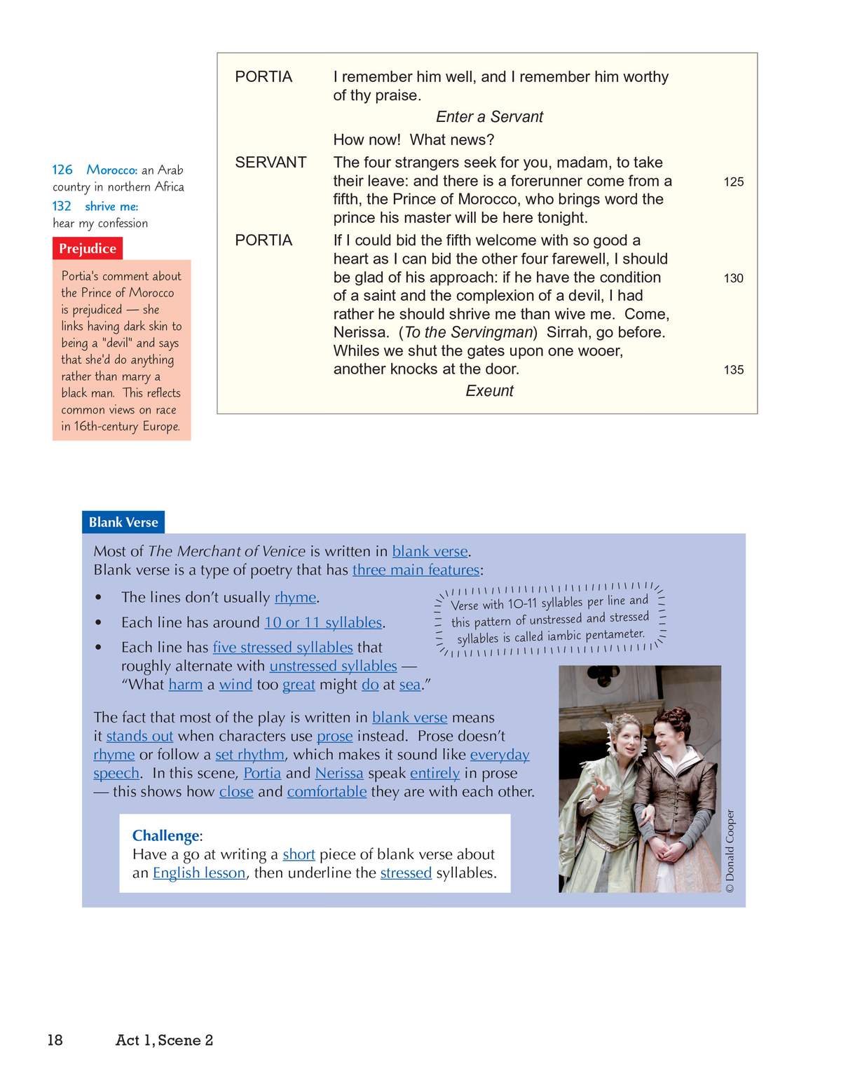 A lesson on blank verse with a definition, an example from the play, and a challenge to write a short piece