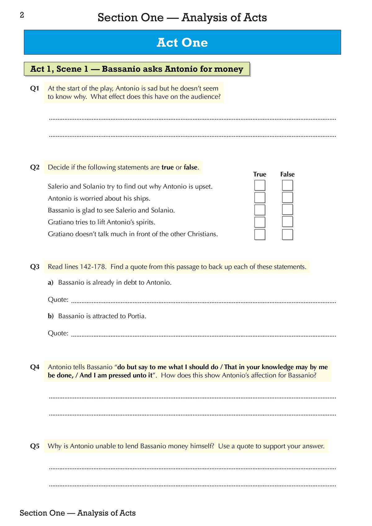 Students answer five questions about Act One Scene One, including writing short answers, ticking true or false