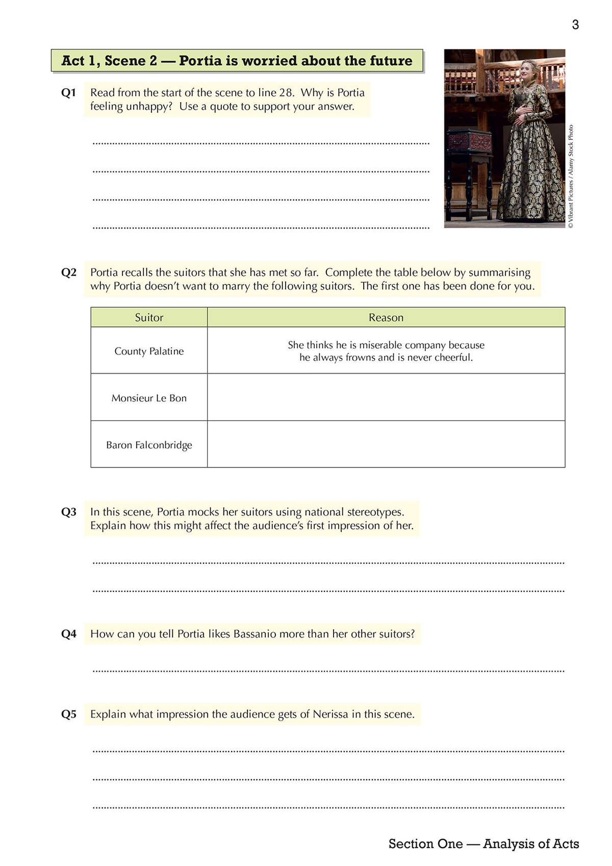 Students answer five questions about Act 1, Scene 2, using quotes and completing a table to analyse Portia's suitors