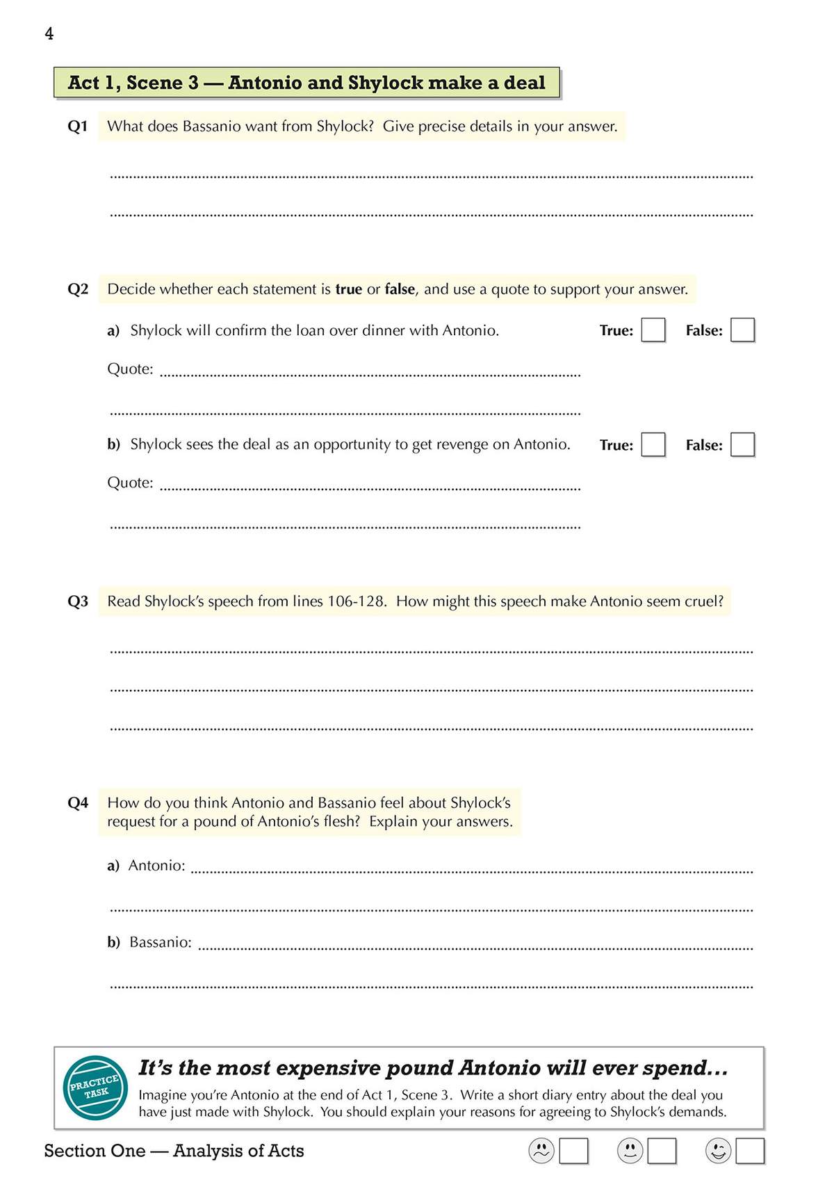 Four questions on Act 1, Scene 3 of The Merchant of Venice, including short answers, true/false with quotes