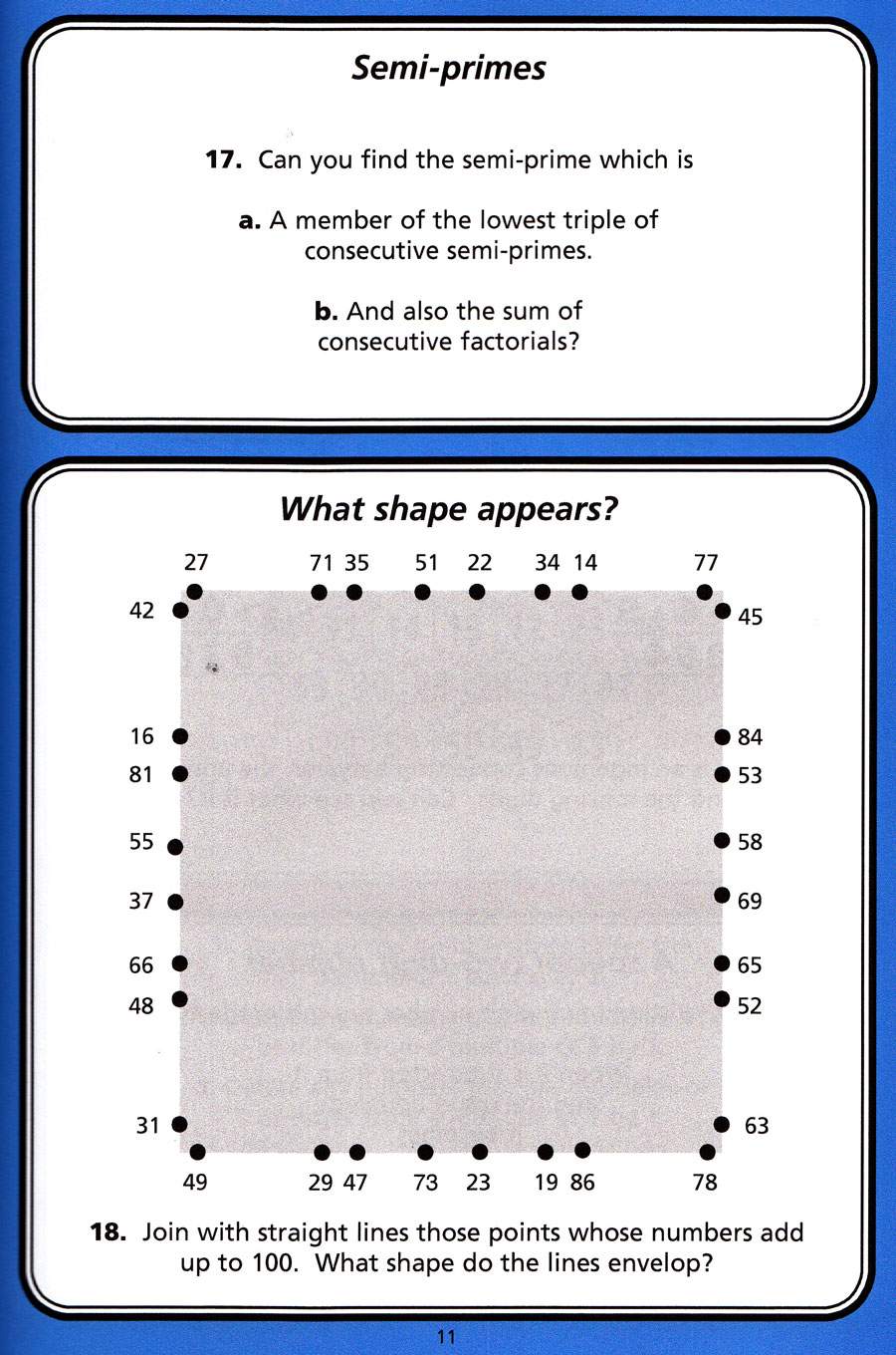 Two maths puzzles: find a semi-prime with specific properties, then join points to reveal a shape