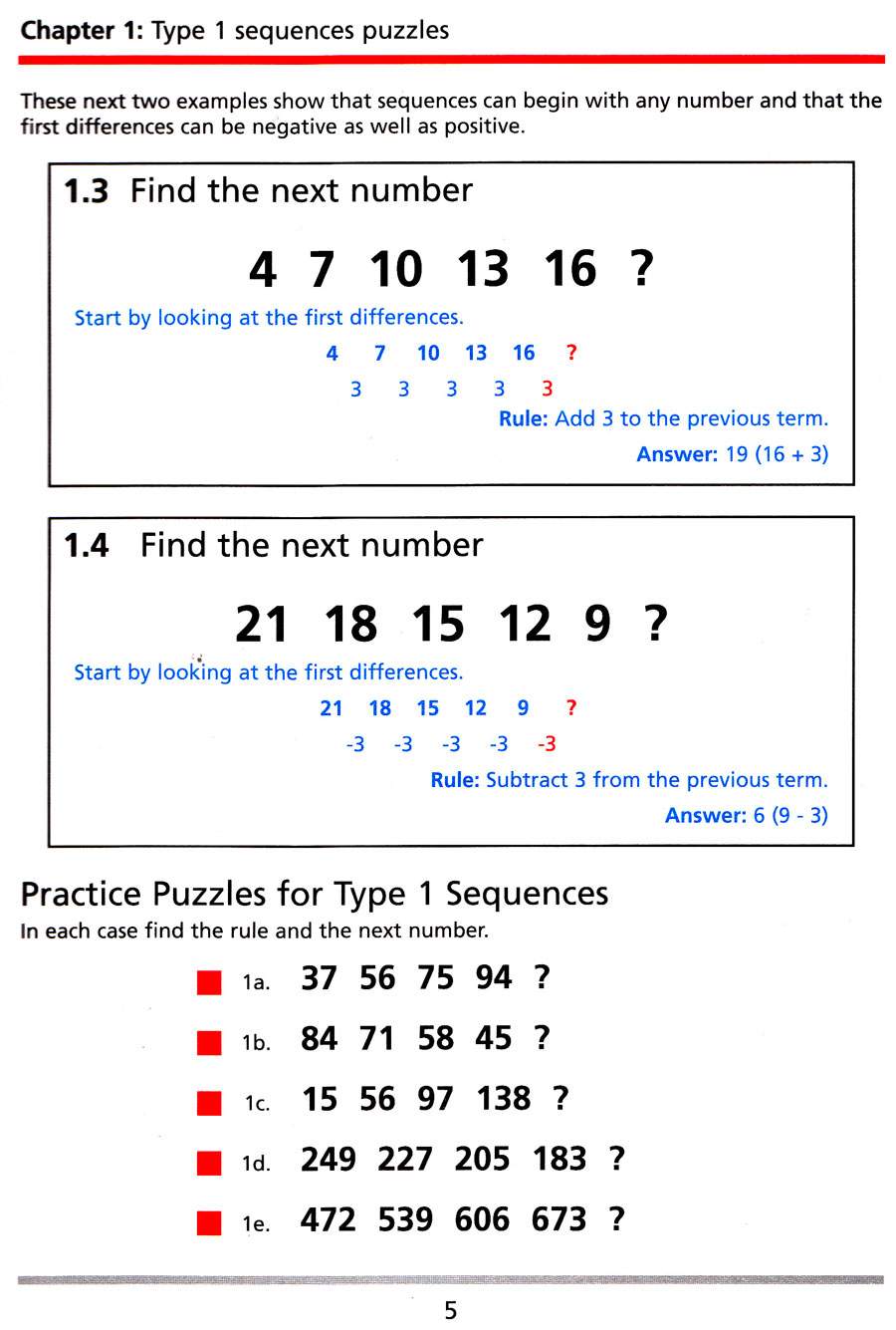 Two worked examples show how to find the next number in a sequence, followed by five practice puzzles for children to solve